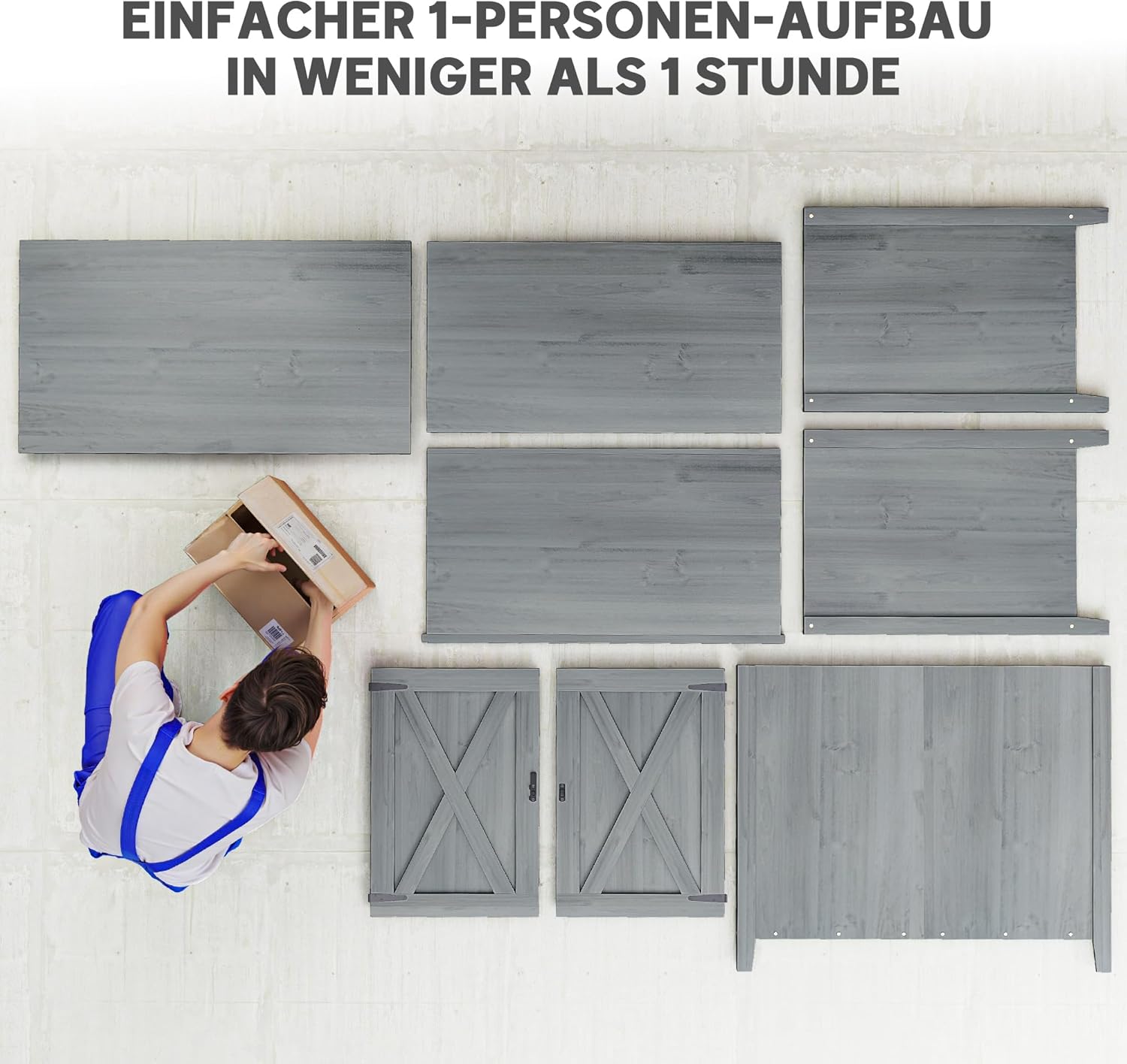 Outsunny Gartenschrank Holz, 110x60x88,5cm Gerätehaus, Geräteschrank mit Ablagen, Doppeltüren, Geräteschuppen, Werkzeugschrank Gartenschuppen Gartenhaus für Hinterhof Terrasse, Hellgrau — Ansicht 6