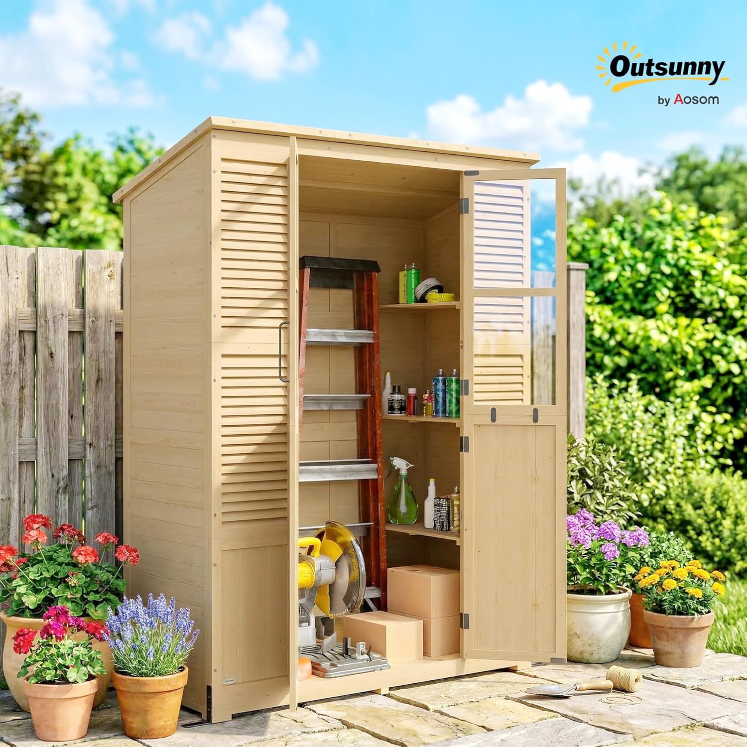 Outsunny Gartenschrank Holz Begehbarer Geräteschuppen mit Ablage Acrylfenstern Doppeltür Asphalt-Dach Lamellenlüftung Bodenplatte 147x68x198cm Geräteschrank mit verstellbare Füße Antikipp Gerätehaus — Ansicht 2