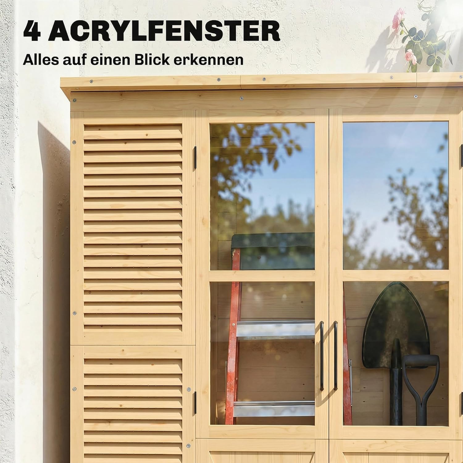 Outsunny Gartenschrank Holz Begehbarer Geräteschuppen mit Ablage Acrylfenstern Doppeltür Asphalt-Dach Lamellenlüftung Bodenplatte 147x68x198cm Geräteschrank mit verstellbare Füße Antikipp Gerätehaus — Ansicht 4