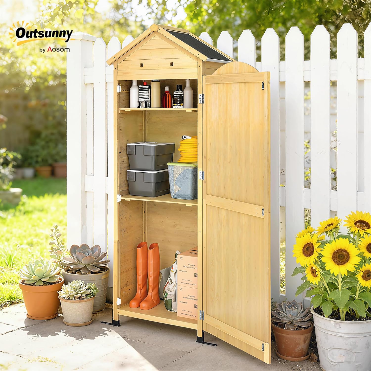 Outsunny Gartenschrank Holz extra hohe Geräteschuppen mit verstellbar Ablage magnetisch Tür galvanisiert Dach Belüftung Kippschutz 85x58x213 cm Geräteschrank Gerätehaus für Garten Terrasse Naturholz — Ansicht 2