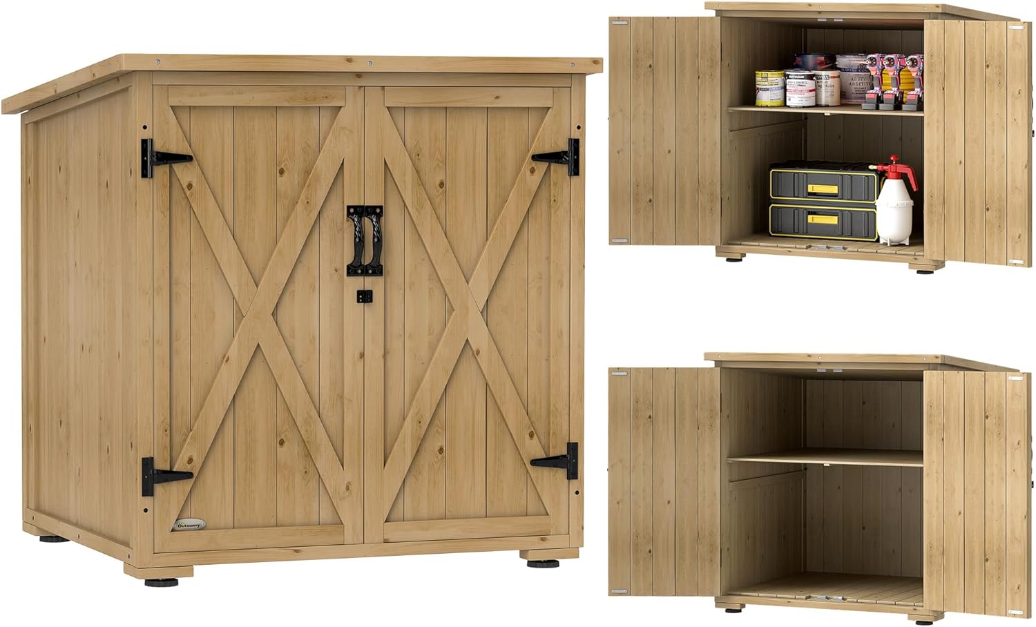 Outsunny Gartenschrank Holz, Geräteschrank, Outdoor wetterfest Geräteschuppen, Holzschrank mit Doppeltür, Mehrzweckschrank für Garten, Balkon, Natur