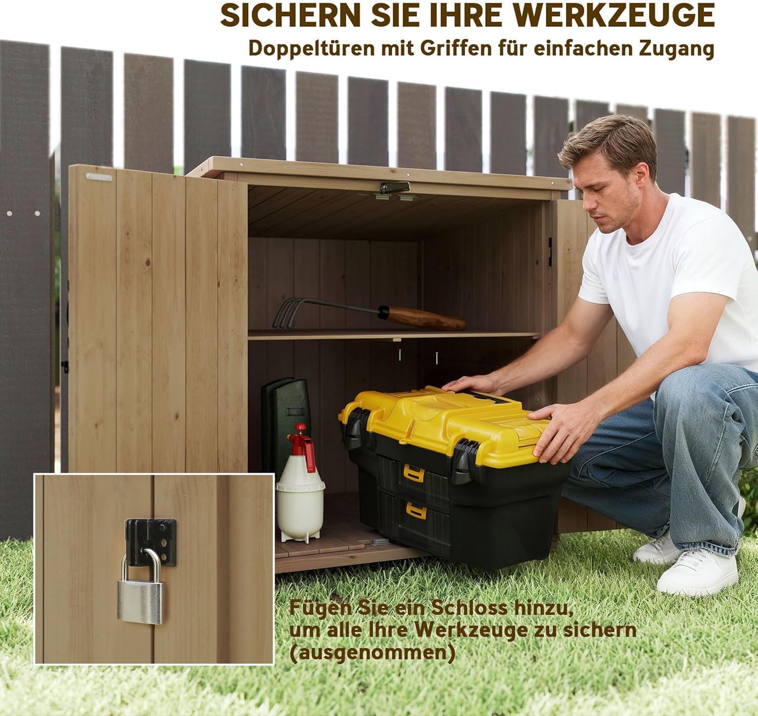 Outsunny Gartenschrank Holz, Geräteschrank, Outdoor wetterfest Geräteschuppen, Holzschrank mit Doppeltür, Mehrzweckschrank für Garten, Balkon, Natur — Ansicht 5