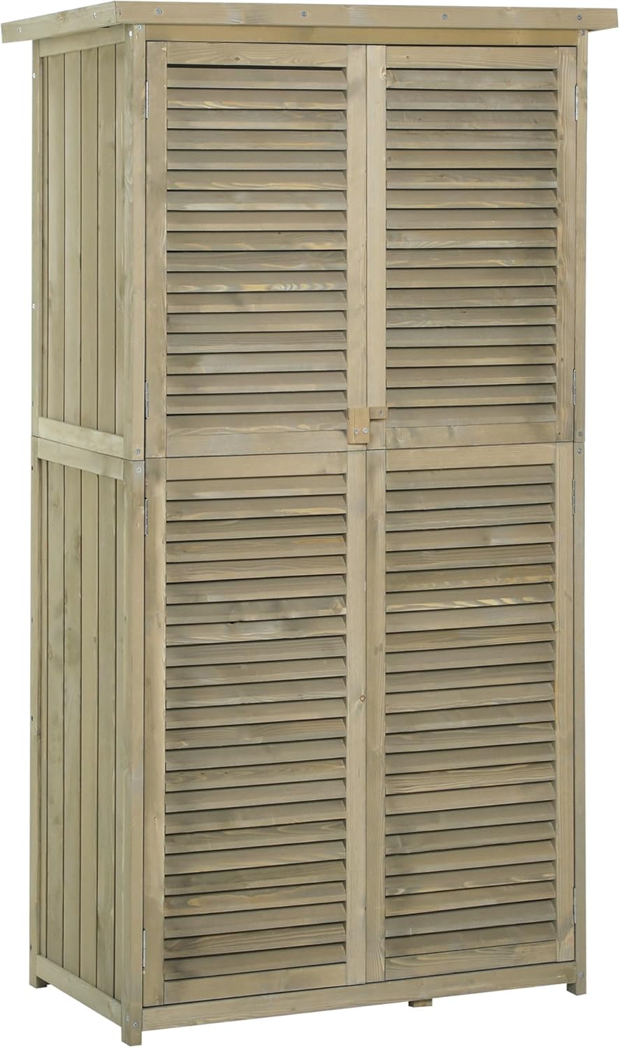 Outsunny Gartenschrank Holz Geräteschuppen Gerätehaus mit Asphaltdach Lamellentür Geräteschrank Schuppen Garten 4 Fächer Grau 87 x 46,5 x 160 cm