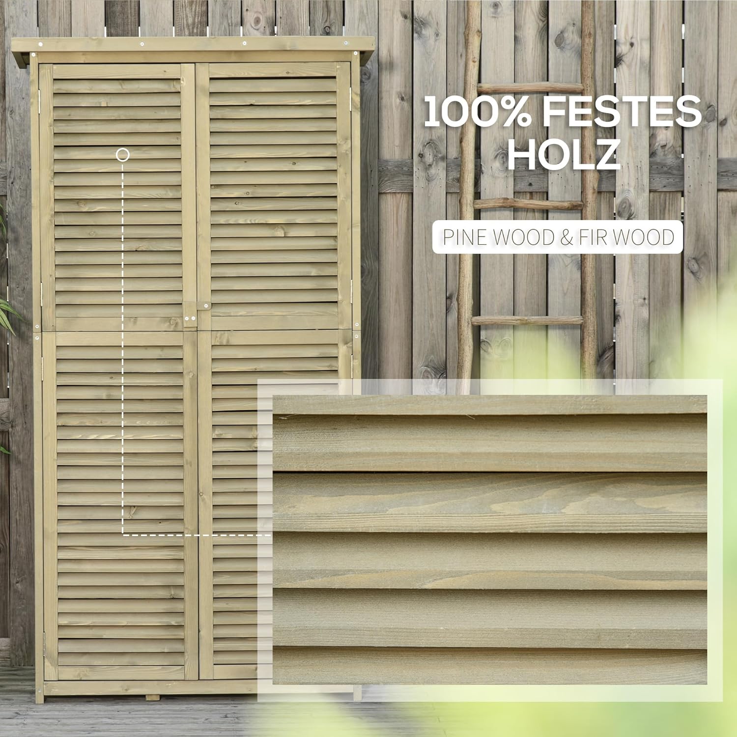 Outsunny Gartenschrank Holz Geräteschuppen Gerätehaus mit Asphaltdach Lamellentür Geräteschrank Schuppen Garten 4 Fächer Grau 87 x 46,5 x 160 cm — Ansicht 5