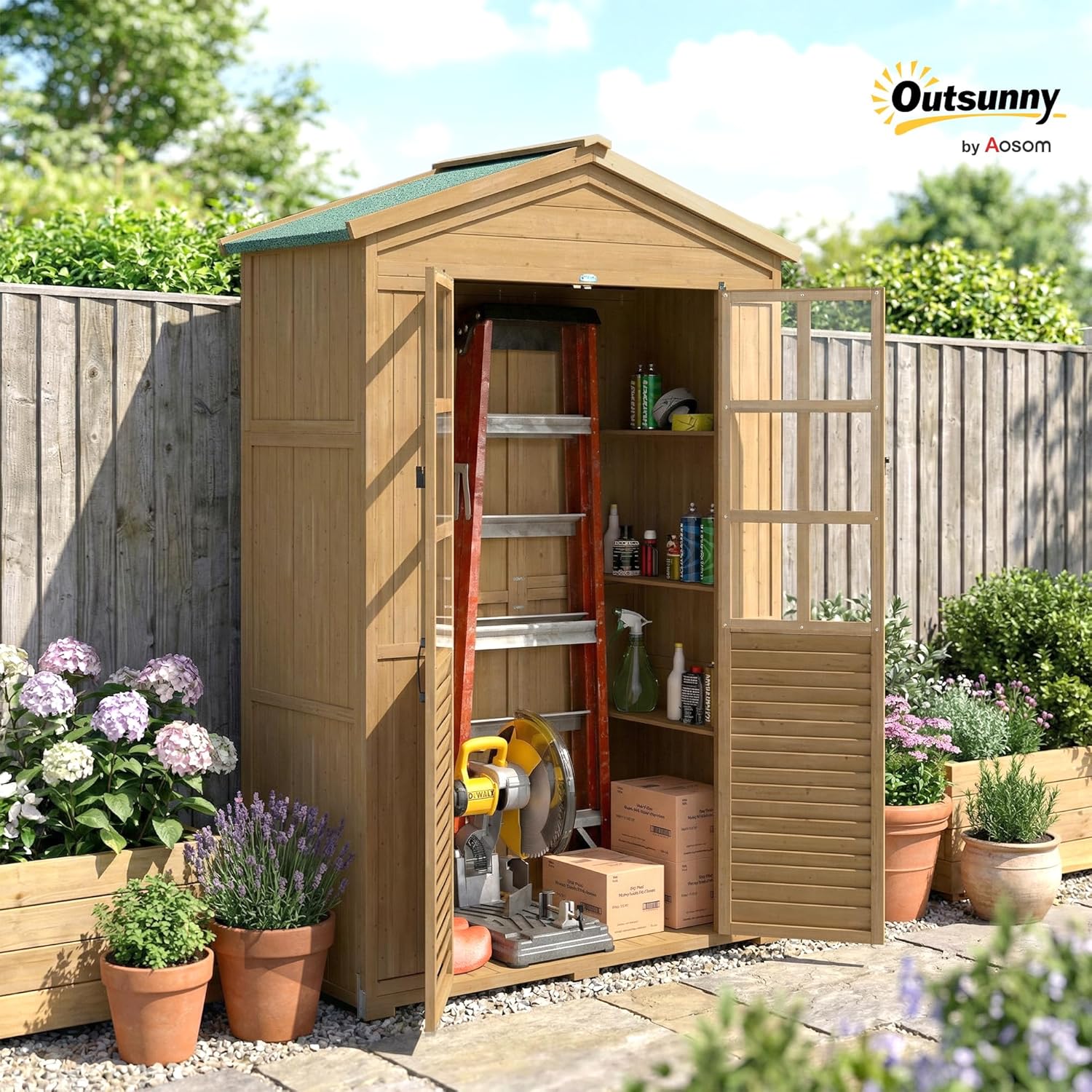 Outsunny Gartenschrank Holz Geräteschuppen mit Ablage Acrylfenstern Abschließbar Tür Bodenplatte Asphalt-Dach Belüftungspaneel 128x57,5x197cm Geräteschrank Gerätehaus für Garten Terrasse Hellbraun — Ansicht 2