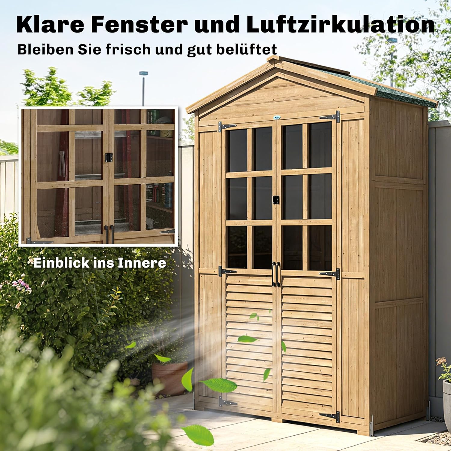 Outsunny Gartenschrank Holz Geräteschuppen mit Ablage Acrylfenstern Abschließbar Tür Bodenplatte Asphalt-Dach Belüftungspaneel 128x57,5x197cm Geräteschrank Gerätehaus für Garten Terrasse Hellbraun — Ansicht 3