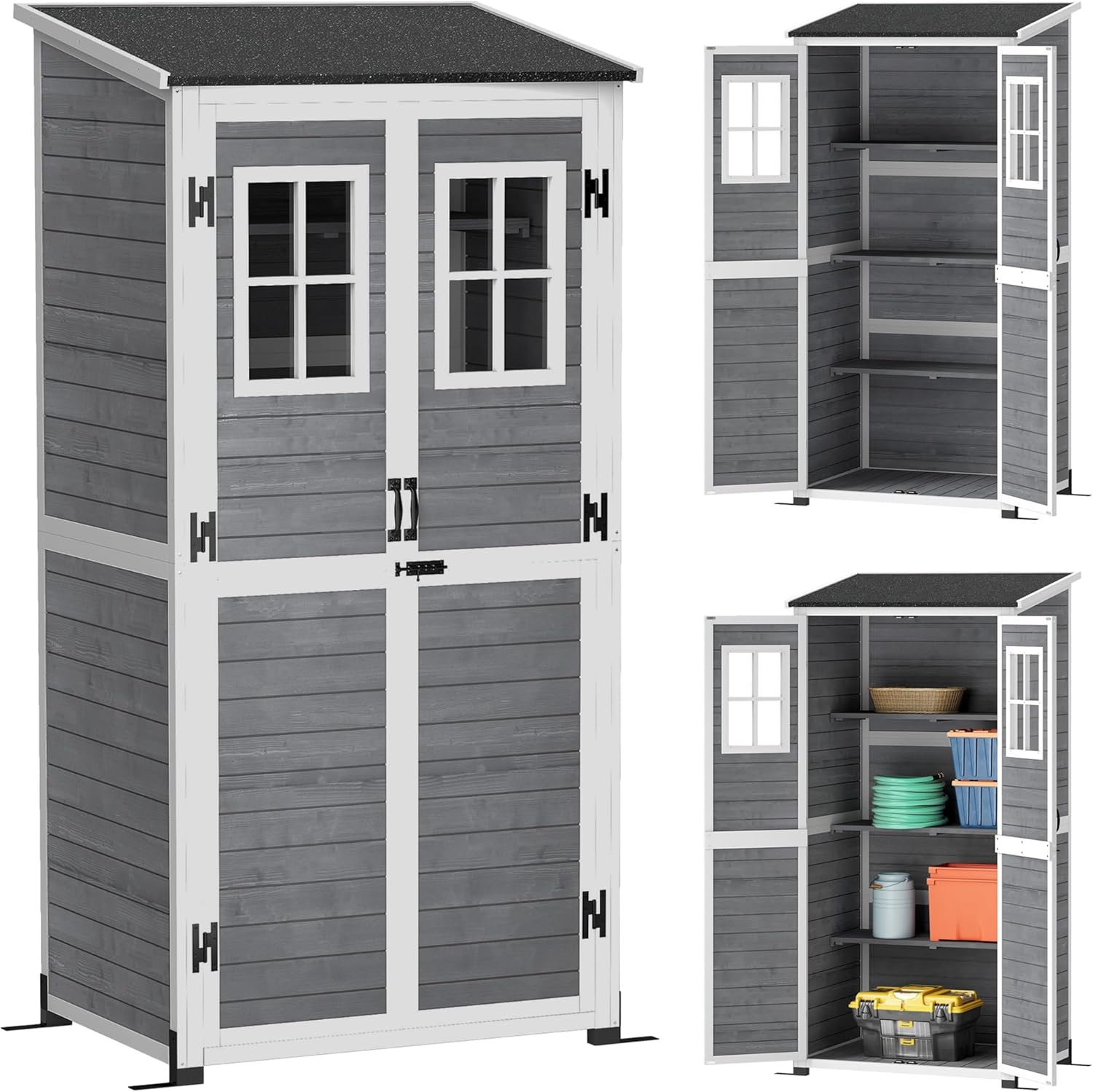 Outsunny Gartenschrank Holz, Geräteschuppen mit Abschließbar Tür 2 Fenstern Bodenplatte Asphalt-Pultdach Ablage 91x69x192cm, wetterfest Geräteschrank, Gerätehaus für Garten, Terrasse, Hellgrau