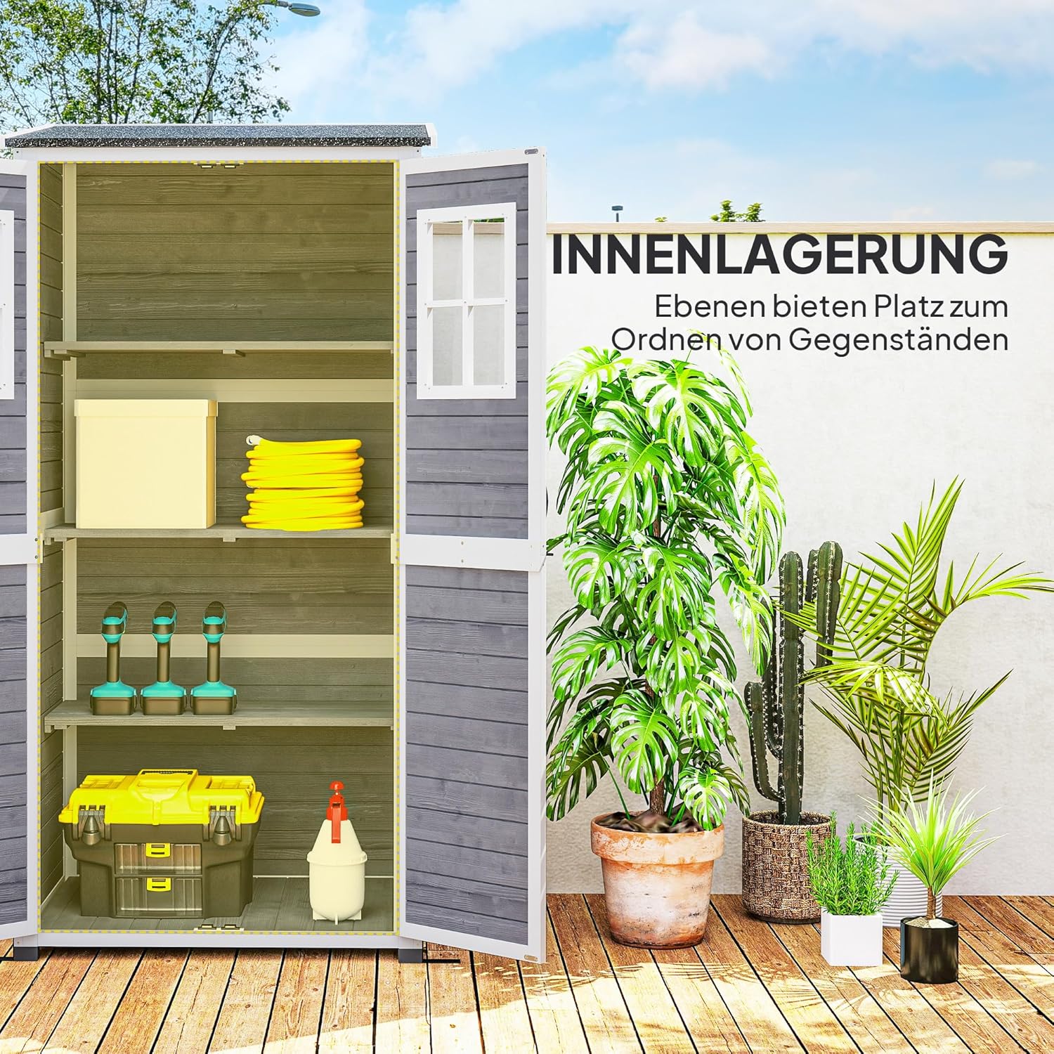Outsunny Gartenschrank Holz, Geräteschuppen mit Abschließbar Tür 2 Fenstern Bodenplatte Asphalt-Pultdach Ablage 91x69x192cm, wetterfest Geräteschrank, Gerätehaus für Garten, Terrasse, Hellgrau — Ansicht 3