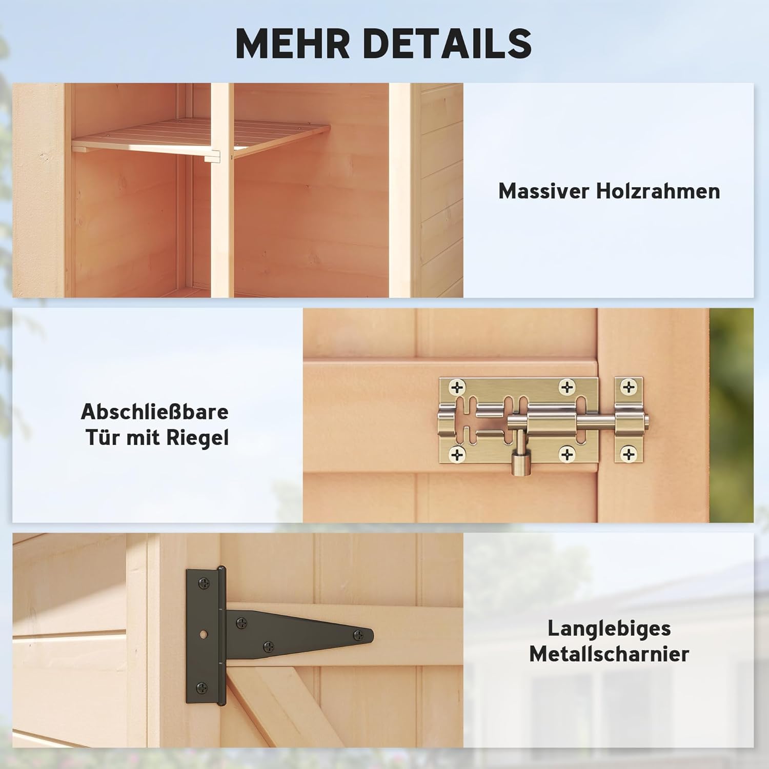 Outsunny Gartenschrank Holz, Geräteschuppen wetterfest 75x56x115cm, Gerätehaus mit Tür, Böden, Geräteschrank, Gartenhaus Werkzeugschrank Gartenschuppen für Garten, Terrasse, Hinterhof, Rasen, Natur — Ansicht 5