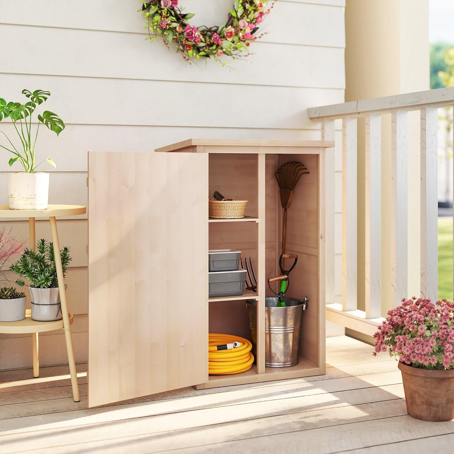Outsunny Gartenschrank Holz, Geräteschuppen wetterfest 75x56x115cm, Gerätehaus mit Tür, Böden, Geräteschrank, Gartenhaus Werkzeugschrank Gartenschuppen für Garten, Terrasse, Hinterhof, Rasen, Natur — Ansicht 6