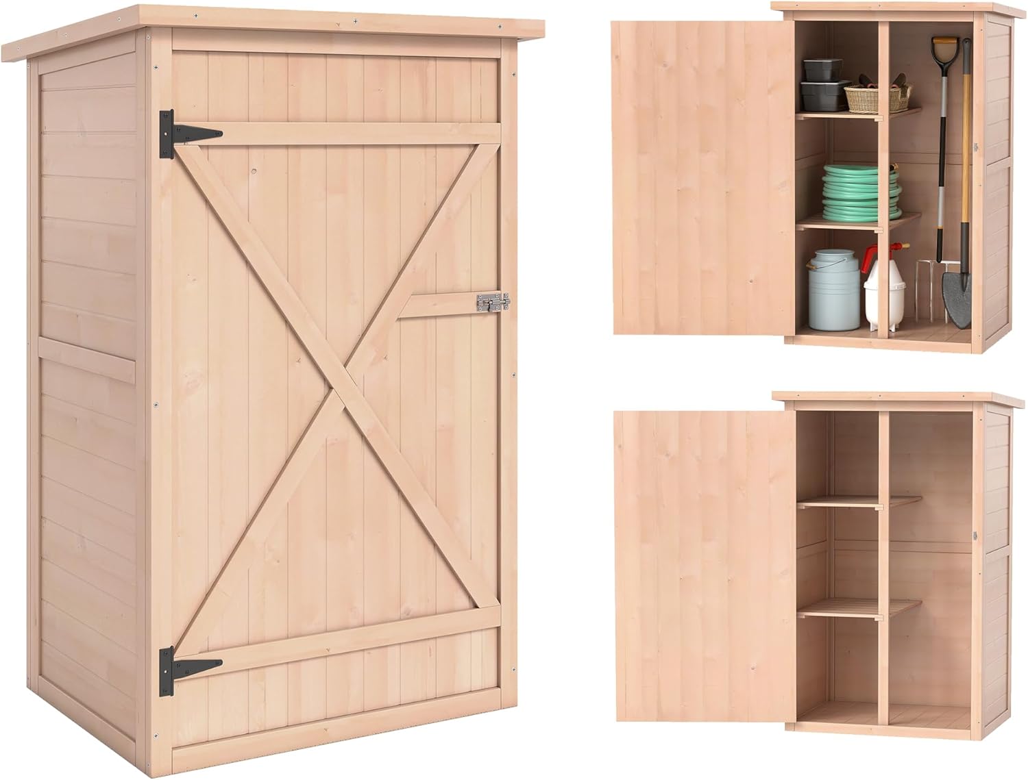 Outsunny Gartenschrank Holz, Geräteschuppen wetterfest 75x56x115cm, Gerätehaus mit Tür, Böden, Geräteschrank, Gartenhaus Werkzeugschrank Gartenschuppen für Garten, Terrasse, Hinterhof, Rasen, Natur