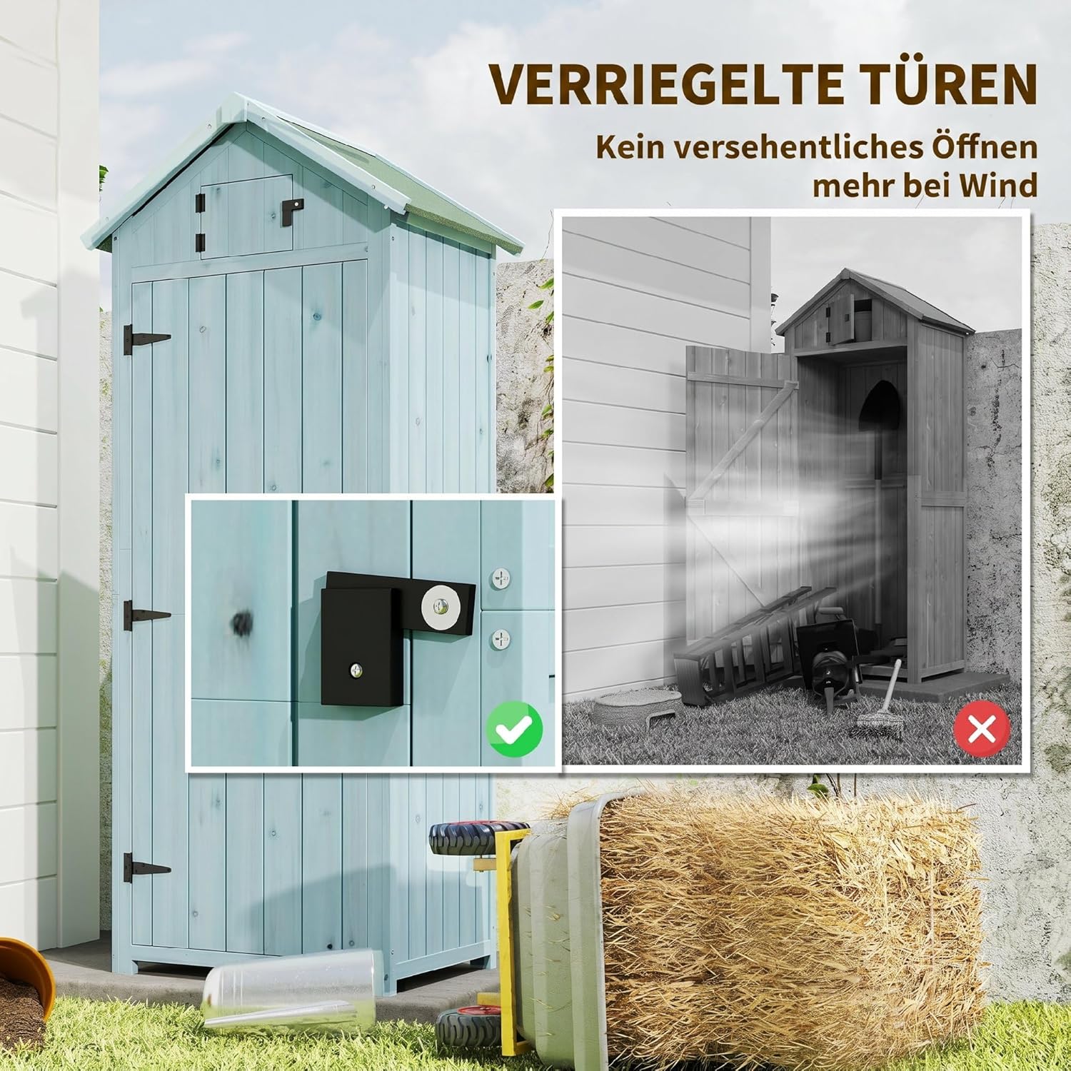 Outsunny Gartenschrank Holz, Geräteschuppen wetterfest 77x54,2x179cm, Gerätehaus mit Tür, Satteldach, Geräteschrank mit Böden, Werkzeugschrank Gartenschuppen für Garten, Terrasse, Hellblau+Grün — Ansicht 6