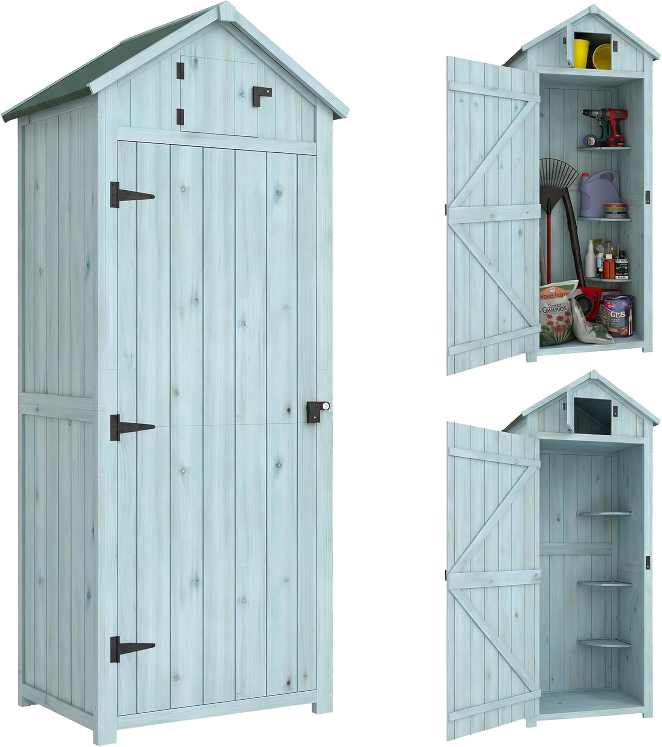 Outsunny Gartenschrank Holz, Geräteschuppen wetterfest 77x54,2x179cm, Gerätehaus mit Tür, Satteldach, Geräteschrank mit Böden, Werkzeugschrank Gartenschuppen für Garten, Terrasse, Hellblau+Grün