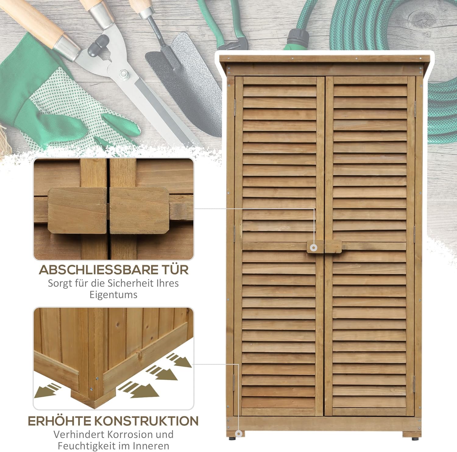 Outsunny Gartenschrank Holz, Geräteschuppen wetterfest 87x46,5x160cm, Gerätehaus mit Tür, Pultdach, Böden, Geräteschrank, Gartenhaus Werkzeugschrank Gartenschuppen für Garten, Terrasse, Natur — Ansicht 6