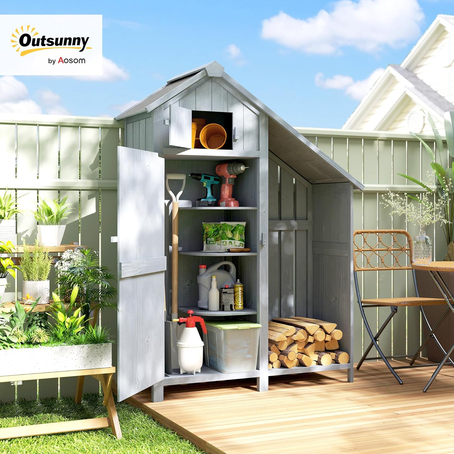 Outsunny Gartenschrank Holz Outdoor wetterfest mit Asphaltdach Einlegeboden, Geräteschuppen Aufbewahrungsschrank für Terrasse Garten 129 x 51,5 x 180 cm Grau — Ansicht 2