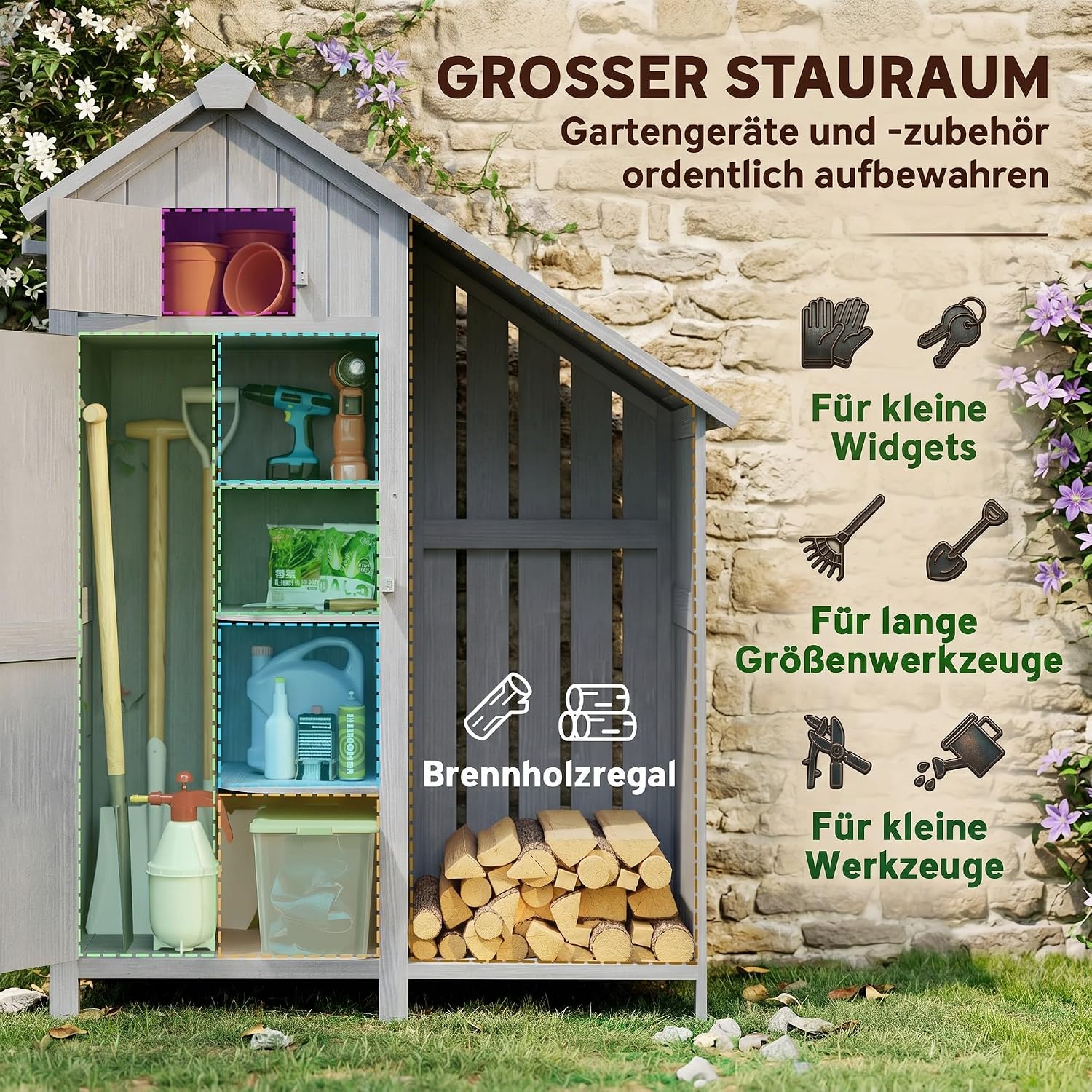 Outsunny Gartenschrank Holz Outdoor wetterfest mit Asphaltdach Einlegeboden, Geräteschuppen Aufbewahrungsschrank für Terrasse Garten 129 x 51,5 x 180 cm Grau — Ansicht 3