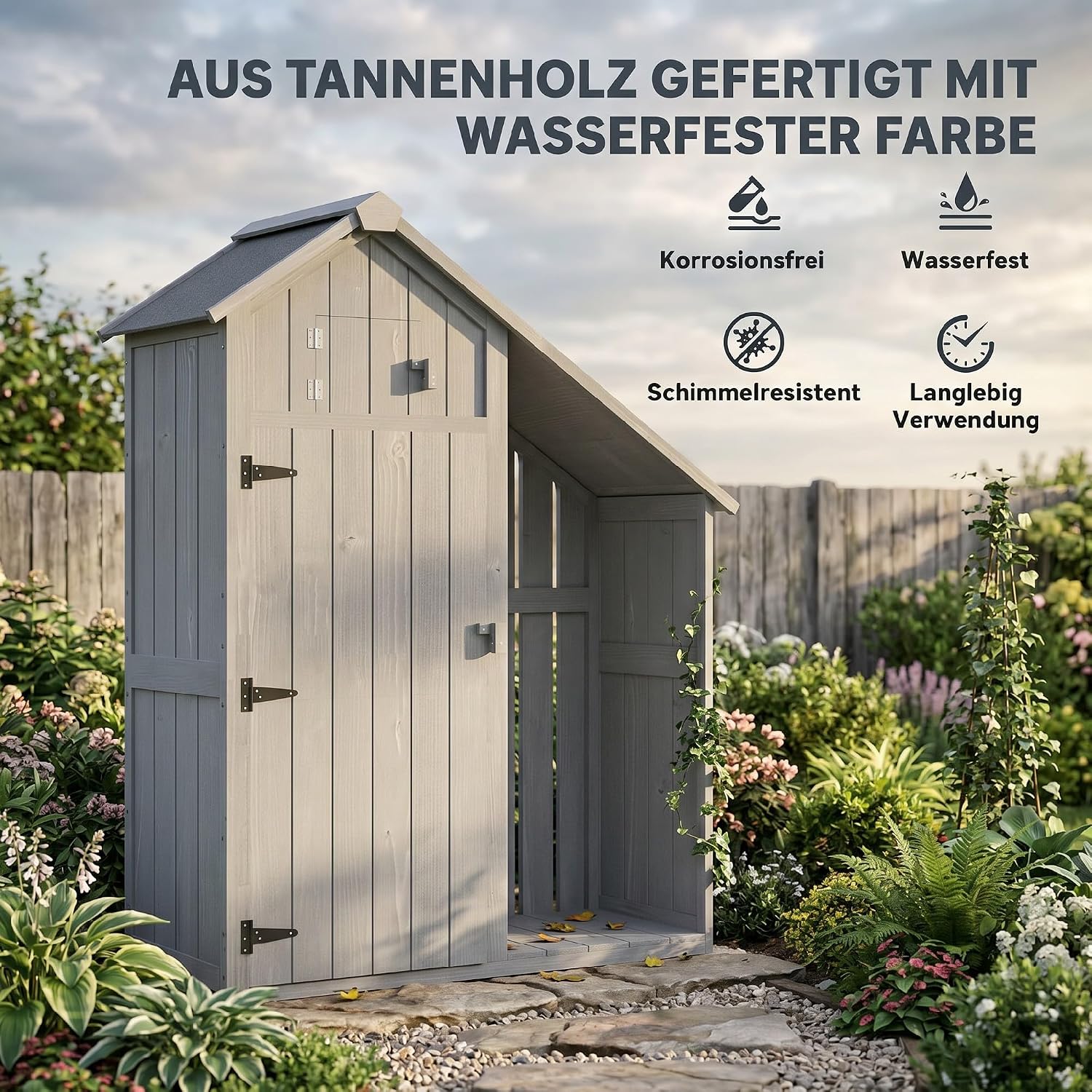 Outsunny Gartenschrank Holz Outdoor wetterfest mit Asphaltdach Einlegeboden, Geräteschuppen Aufbewahrungsschrank für Terrasse Garten 129 x 51,5 x 180 cm Grau — Ansicht 5