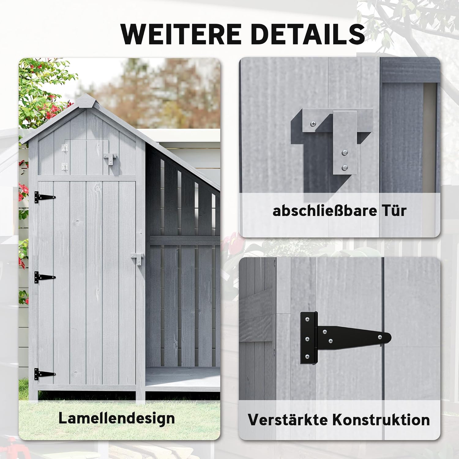 Outsunny Gartenschrank Holz Outdoor wetterfest mit Asphaltdach Einlegeboden, Geräteschuppen Aufbewahrungsschrank für Terrasse Garten 129 x 51,5 x 180 cm Grau — Ansicht 6