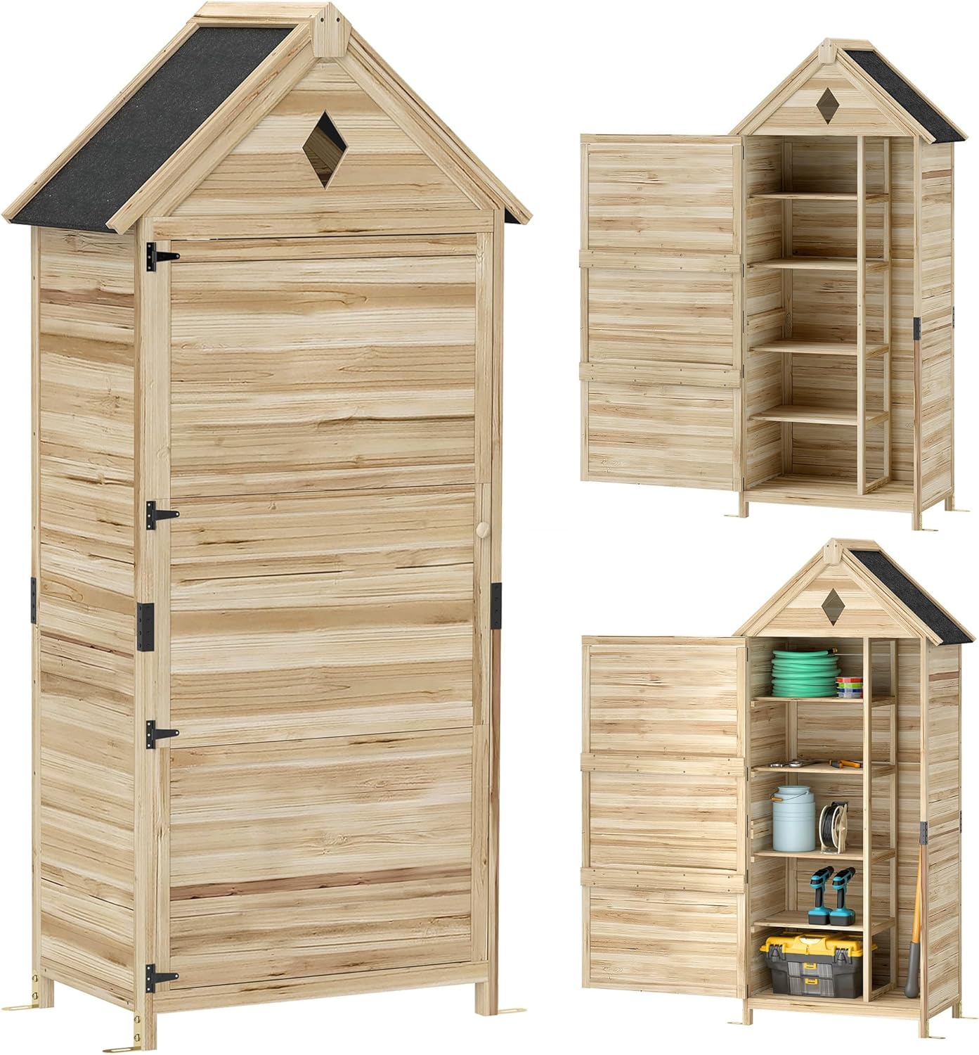 Outsunny Gartenschrank Holz, wasserdicht Geräteschuppen 80 x 49 x 170 cm, wetterfest Gerätehaus mit Tür, Satteldach, Ablagen, Geräteschrank, Werkzeugschrank Gartenschuppen für Garten, Rasen, Naturholz