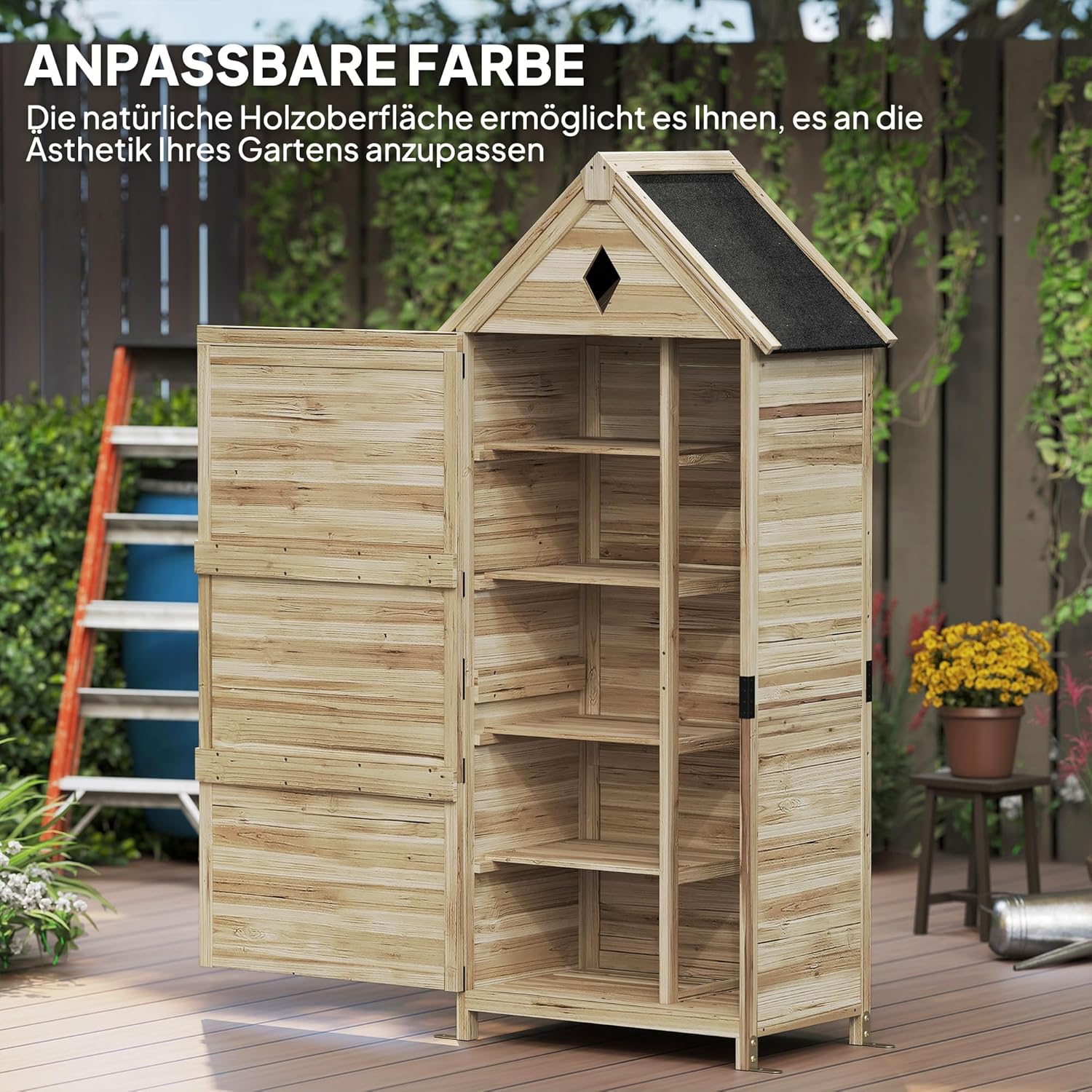 Outsunny Gartenschrank Holz, wasserdicht Geräteschuppen 80 x 49 x 170 cm, wetterfest Gerätehaus mit Tür, Satteldach, Ablagen, Geräteschrank, Werkzeugschrank Gartenschuppen für Garten, Rasen, Naturholz — Ansicht 6