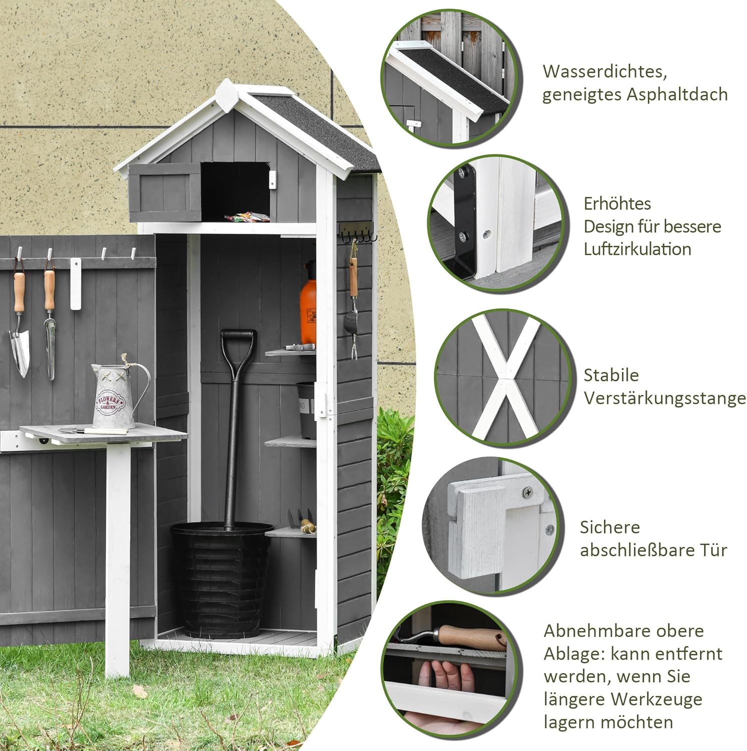 Outsunny Gartenschrank Holz, wetterfest 78x52,5x182cm Gerätehaus, Geräteschuppen mit Satteldach, Tür, Gartenschuppen mit faltbar Tisch, Haken, Geräteschrank Werkzeugschrank für Terrasse, Garten, Grau — Ansicht 5