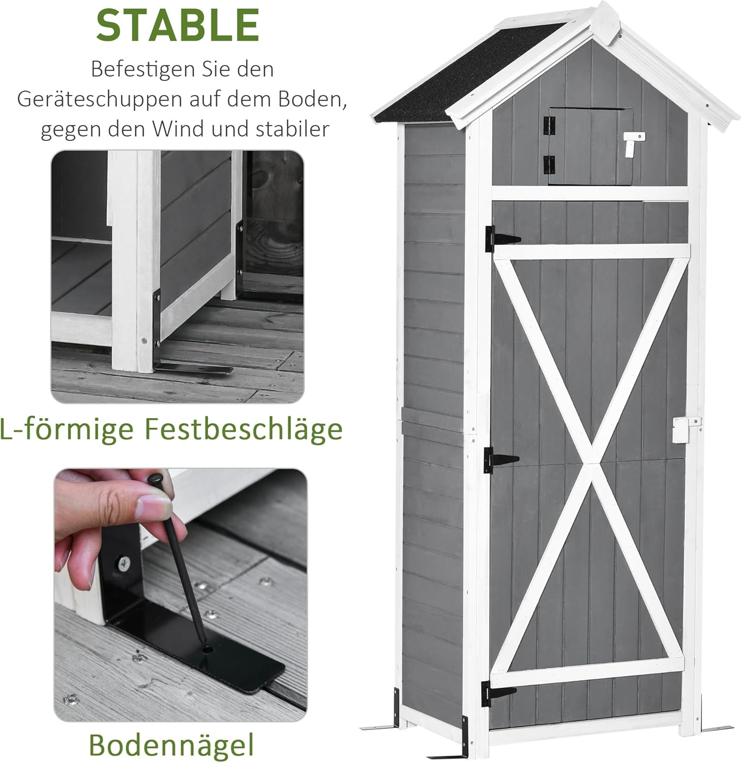 Outsunny Gartenschrank Holz, wetterfest 78x52,5x182cm Gerätehaus, Geräteschuppen mit Satteldach, Tür, Gartenschuppen mit faltbar Tisch, Haken, Geräteschrank Werkzeugschrank für Terrasse, Garten, Grau — Ansicht 6