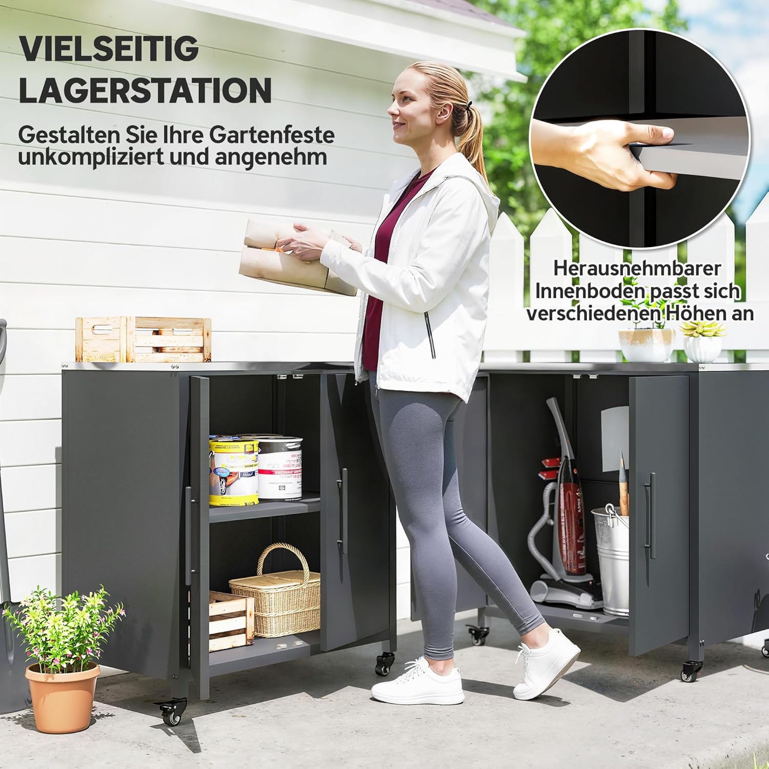 Outsunny Gartenschrank mit Pflanztisch Geräteschuppen mit Edelstahl Arbeitsplatte abnehmbar Regal magnetisch Doppeltür Rolle, Geräteschrank Werkzeugschrank Gartenschuppen für Garten Balkon 80x50x90cm — Ansicht 3
