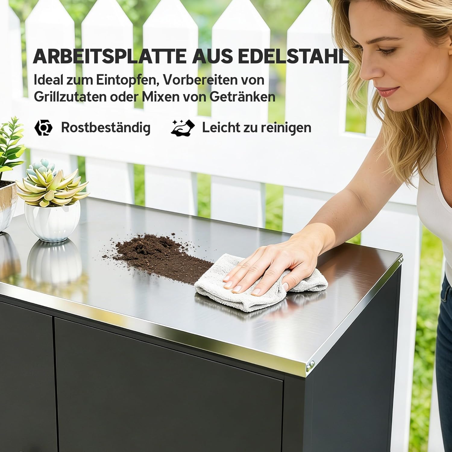 Outsunny Gartenschrank mit Pflanztisch Geräteschuppen mit Edelstahl Arbeitsplatte abnehmbar Regal magnetisch Doppeltür Rolle, Geräteschrank Werkzeugschrank Gartenschuppen für Garten Balkon 80x50x90cm — Ansicht 4