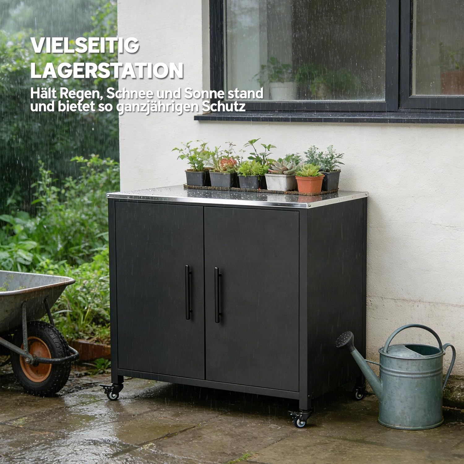 Outsunny Gartenschrank mit Pflanztisch Geräteschuppen mit Edelstahl Arbeitsplatte abnehmbar Regal magnetisch Doppeltür Rolle, Geräteschrank Werkzeugschrank Gartenschuppen für Garten Balkon 80x50x90cm — Ansicht 5