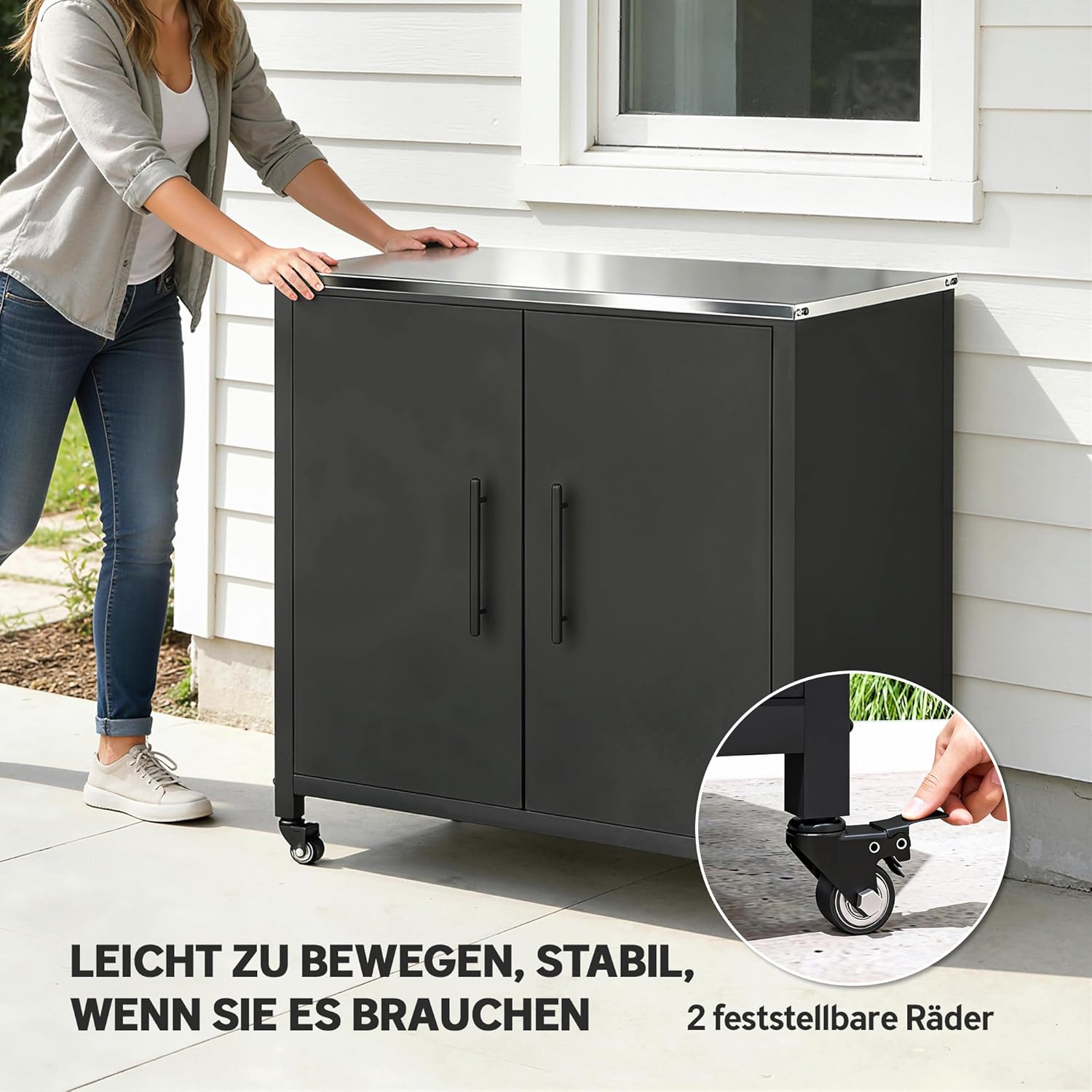 Outsunny Gartenschrank mit Pflanztisch Geräteschuppen mit Edelstahl Arbeitsplatte abnehmbar Regal magnetisch Doppeltür Rolle, Geräteschrank Werkzeugschrank Gartenschuppen für Garten Balkon 80x50x90cm — Ansicht 6