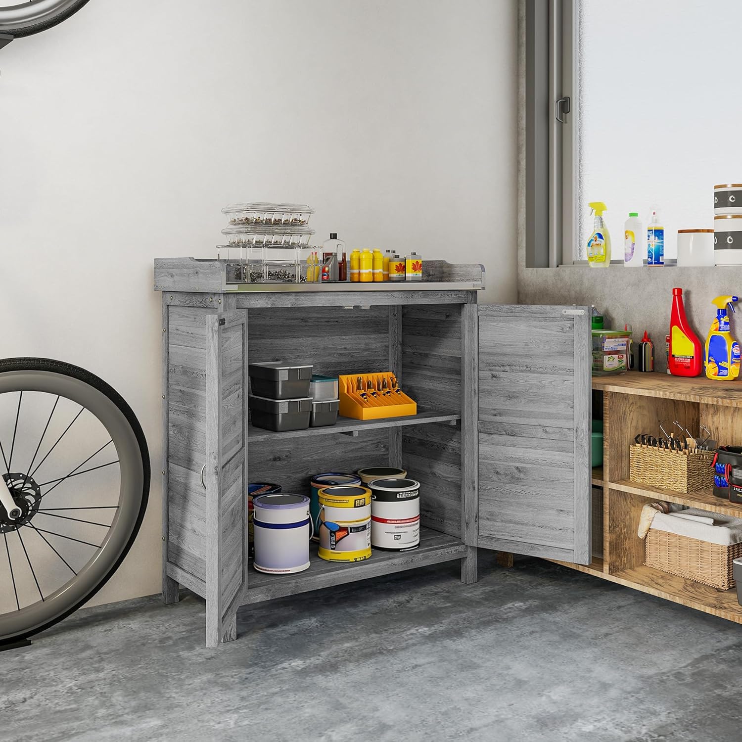 Outsunny Gartenschrank mit Pflanztisch, Holz Geräteschuppen mit verzinkter Arbeitsplatte 2 Regalböden, wetterfest Geräteschrank, Werkzeugschrank Gartenschuppen für Garten Balkon 83 x 40 x 92cm Grau — Ansicht 6
