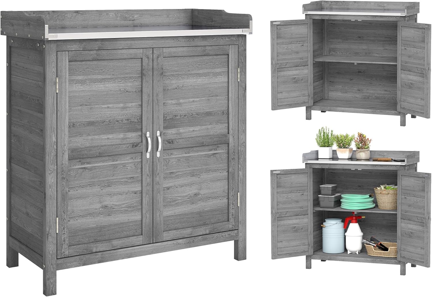 Outsunny Gartenschrank mit Pflanztisch, Holz Geräteschuppen mit verzinkter Arbeitsplatte 2 Regalböden, wetterfest Geräteschrank, Werkzeugschrank Gartenschuppen für Garten Balkon 83 x 40 x 92cm Grau