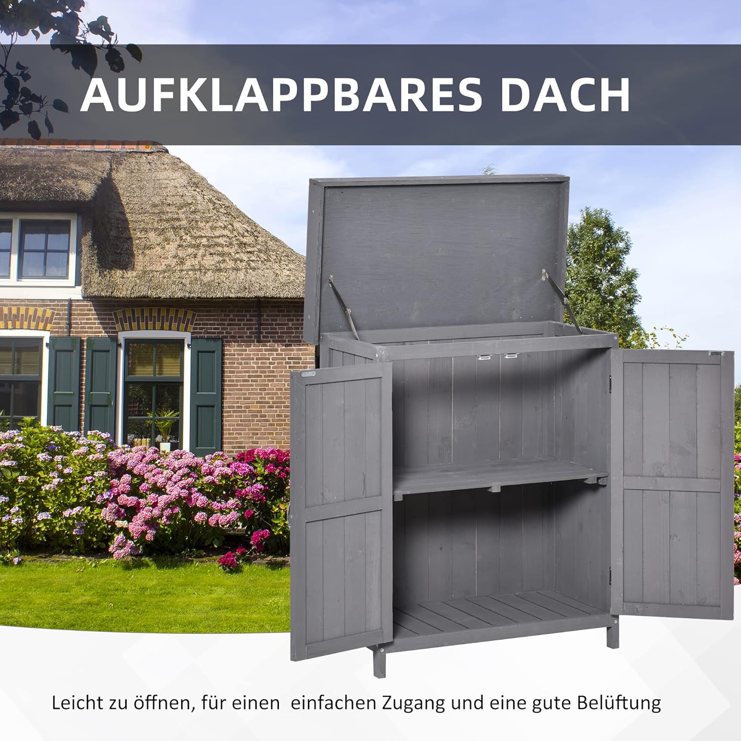 Outsunny Gartenschrank Tannenholz, Geräteschuppen wetterfest 74x43x88cm, Gerätehaus mit Doppeltür, 2 Fächern, Geräteschrank, Gartenhaus Werkzeugschrank Gartenschuppen für Garten, Terrasse, Dunkelgrau — Ansicht 4