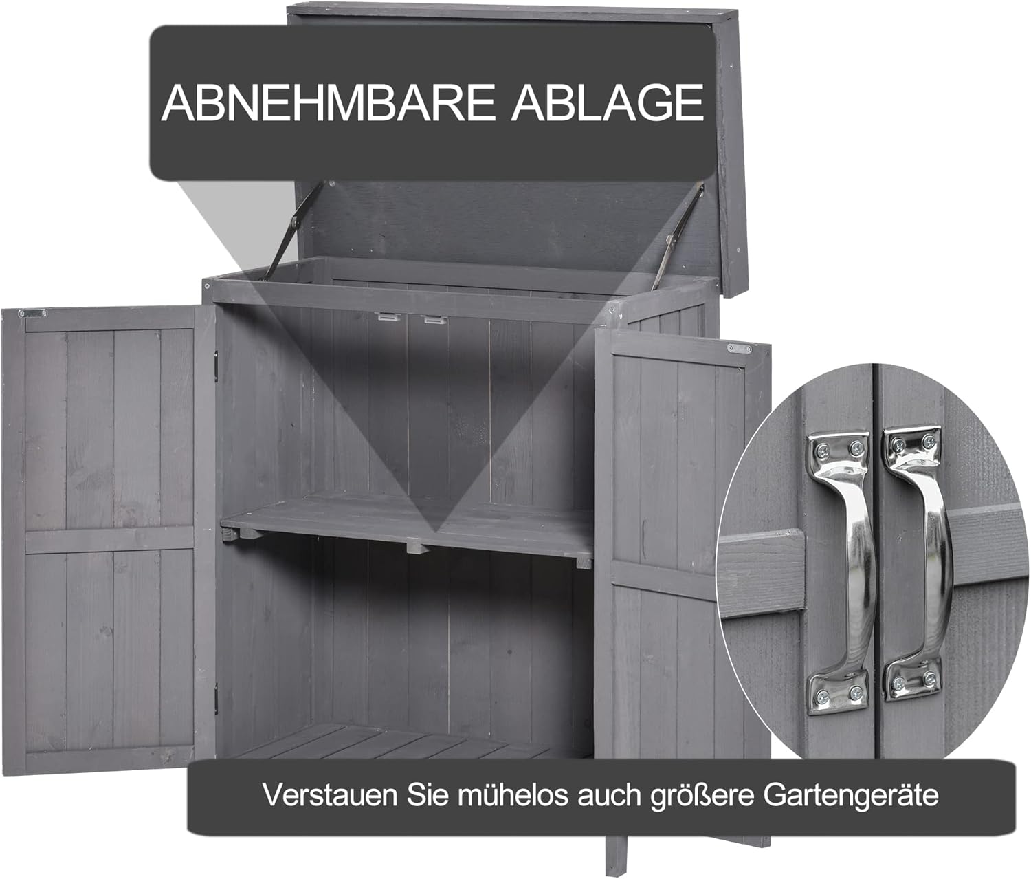 Outsunny Gartenschrank Tannenholz, Geräteschuppen wetterfest 74x43x88cm, Gerätehaus mit Doppeltür, 2 Fächern, Geräteschrank, Gartenhaus Werkzeugschrank Gartenschuppen für Garten, Terrasse, Dunkelgrau — Ansicht 5
