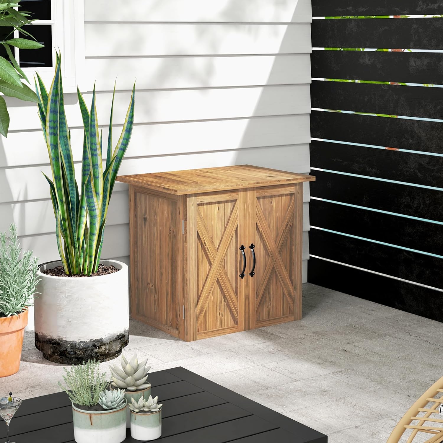 Outsunny Gartenschuppen Holz, Holz-Geräteschrank, Outdoor Werkzeugschuppen, Geräteschuppen mit Doppeltür, Mehrzweckschrank für Garten, Balkon, 77 x 55 x 72 cm Braun — Ansicht 2