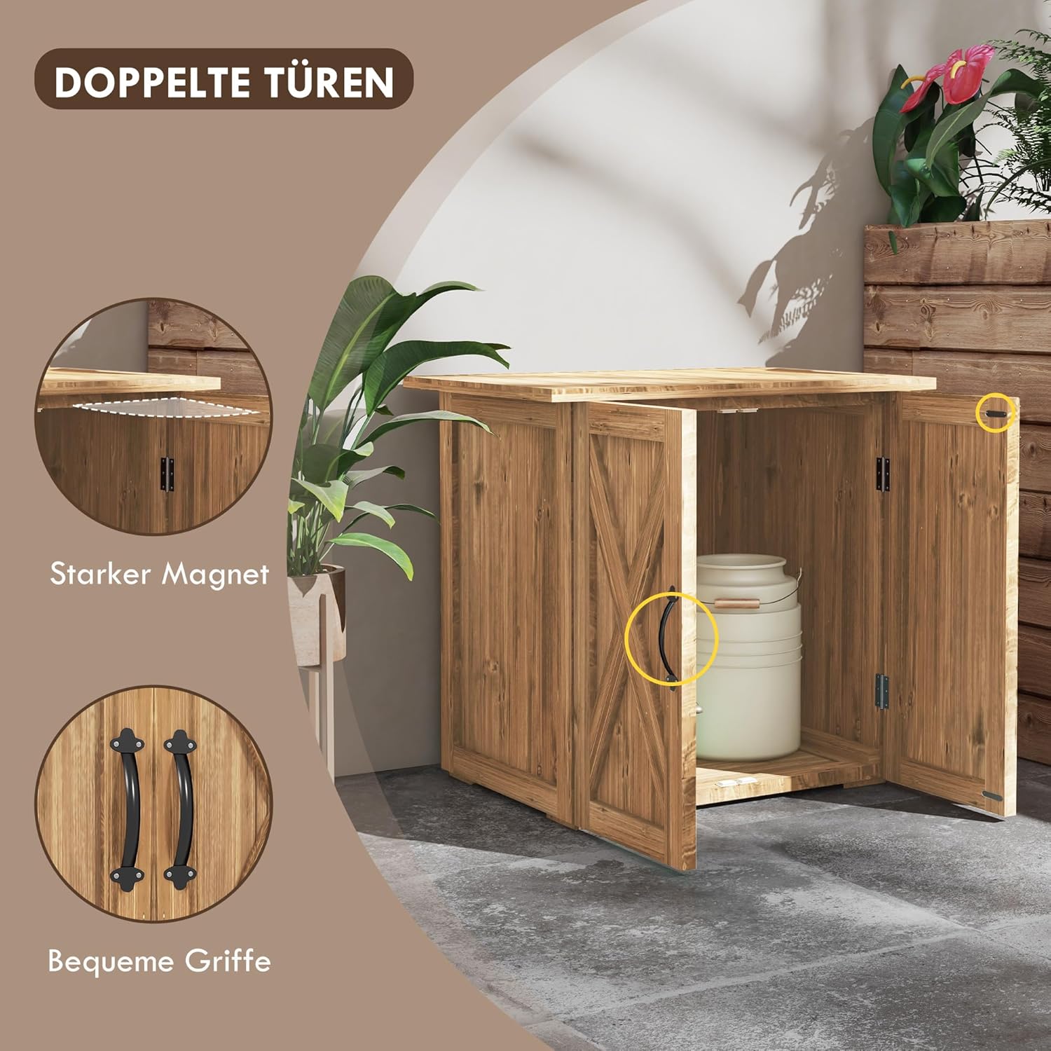 Outsunny Gartenschuppen Holz, Holz-Geräteschrank, Outdoor Werkzeugschuppen, Geräteschuppen mit Doppeltür, Mehrzweckschrank für Garten, Balkon, 77 x 55 x 72 cm Braun — Ansicht 5