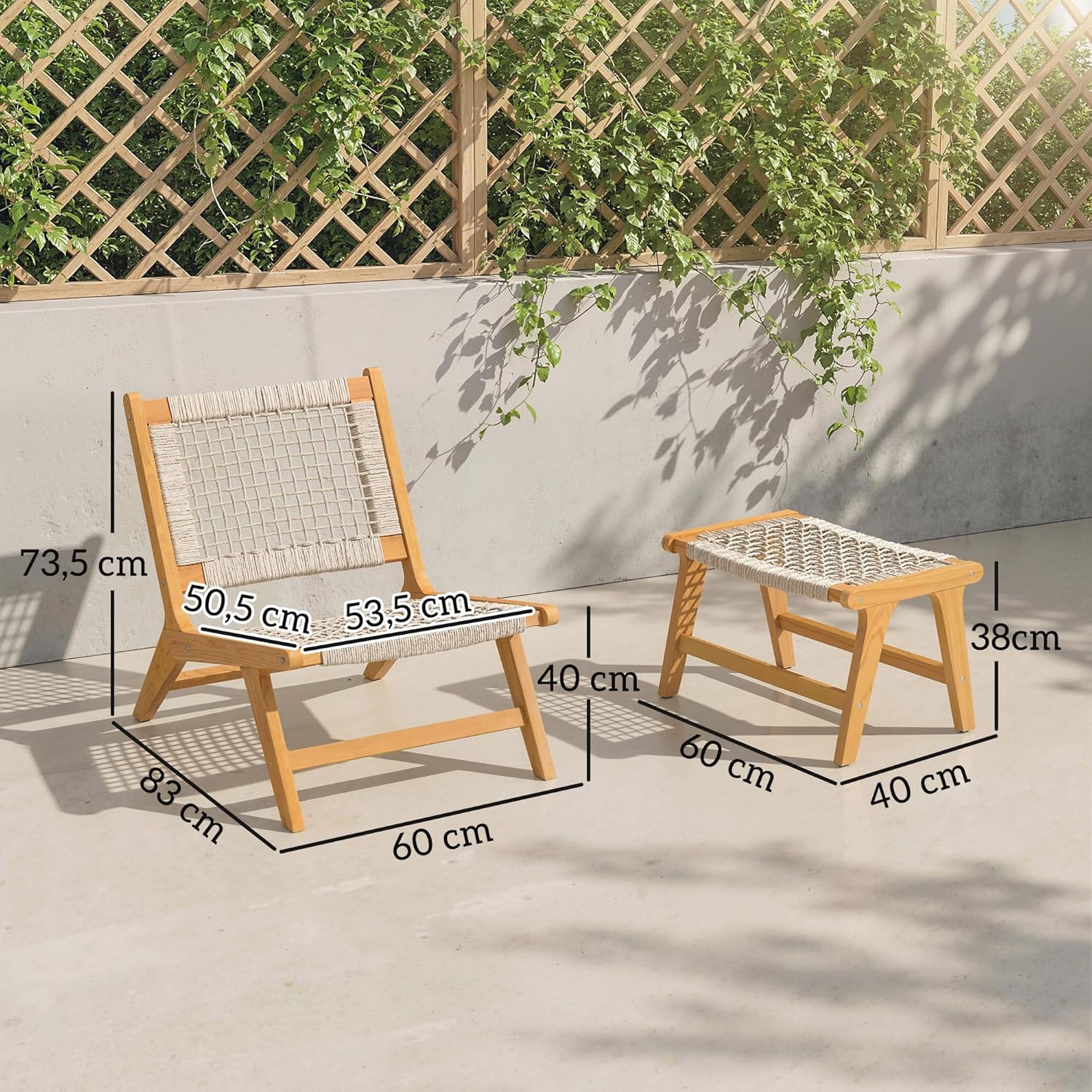 Outsunny Gartensessel mit Hocker 2-teilig Akazienholz Outdoor Loungesessel mit Rattan-Sitz Boho-Stil verstellbare Füße, Polyrattan Lounge Set bis 160 kg Gartensessel für Garten Balkon Beige — Ansicht 3