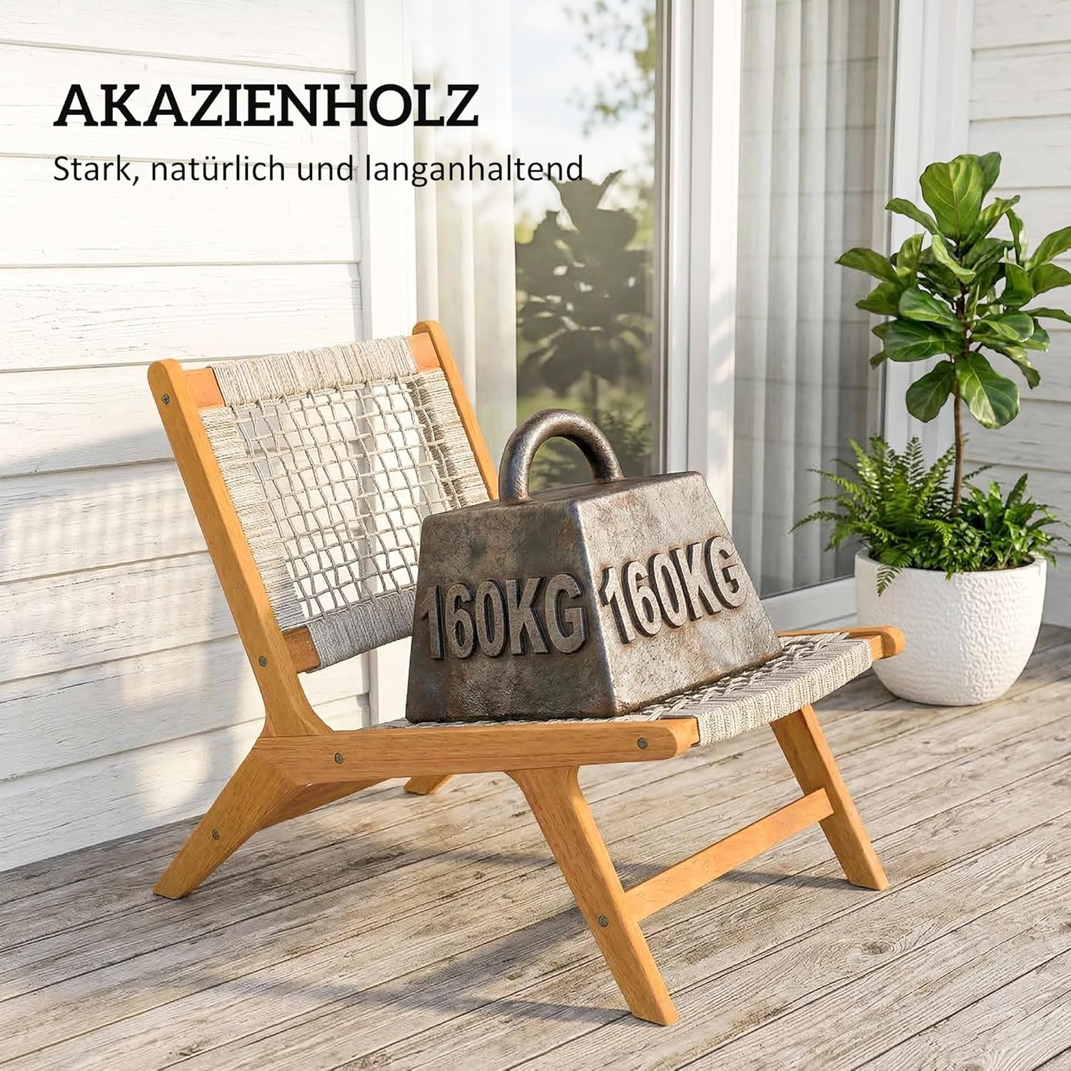 Outsunny Gartensessel mit Hocker 2-teilig Akazienholz Outdoor Loungesessel mit Rattan-Sitz Boho-Stil verstellbare Füße, Polyrattan Lounge Set bis 160 kg Gartensessel für Garten Balkon Beige — Ansicht 6