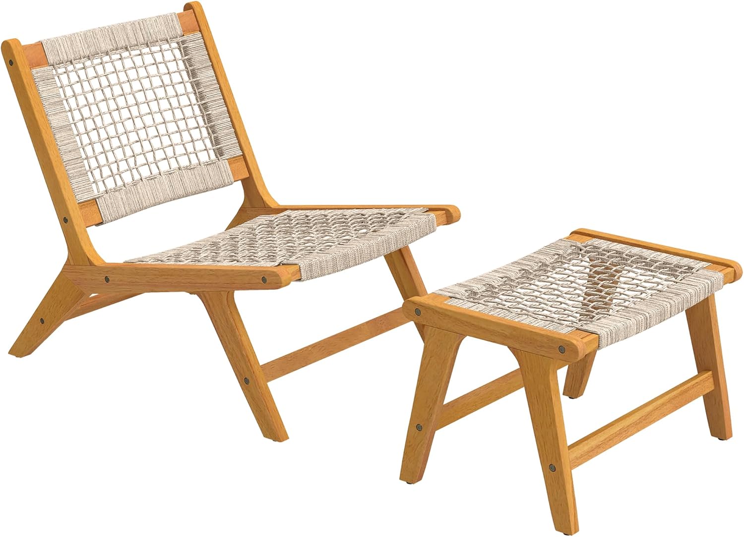 Outsunny Gartensessel mit Hocker 2-teilig Akazienholz Outdoor Loungesessel mit Rattan-Sitz Boho-Stil verstellbare Füße, Polyrattan Lounge Set bis 160 kg Gartensessel für Garten Balkon Beige
