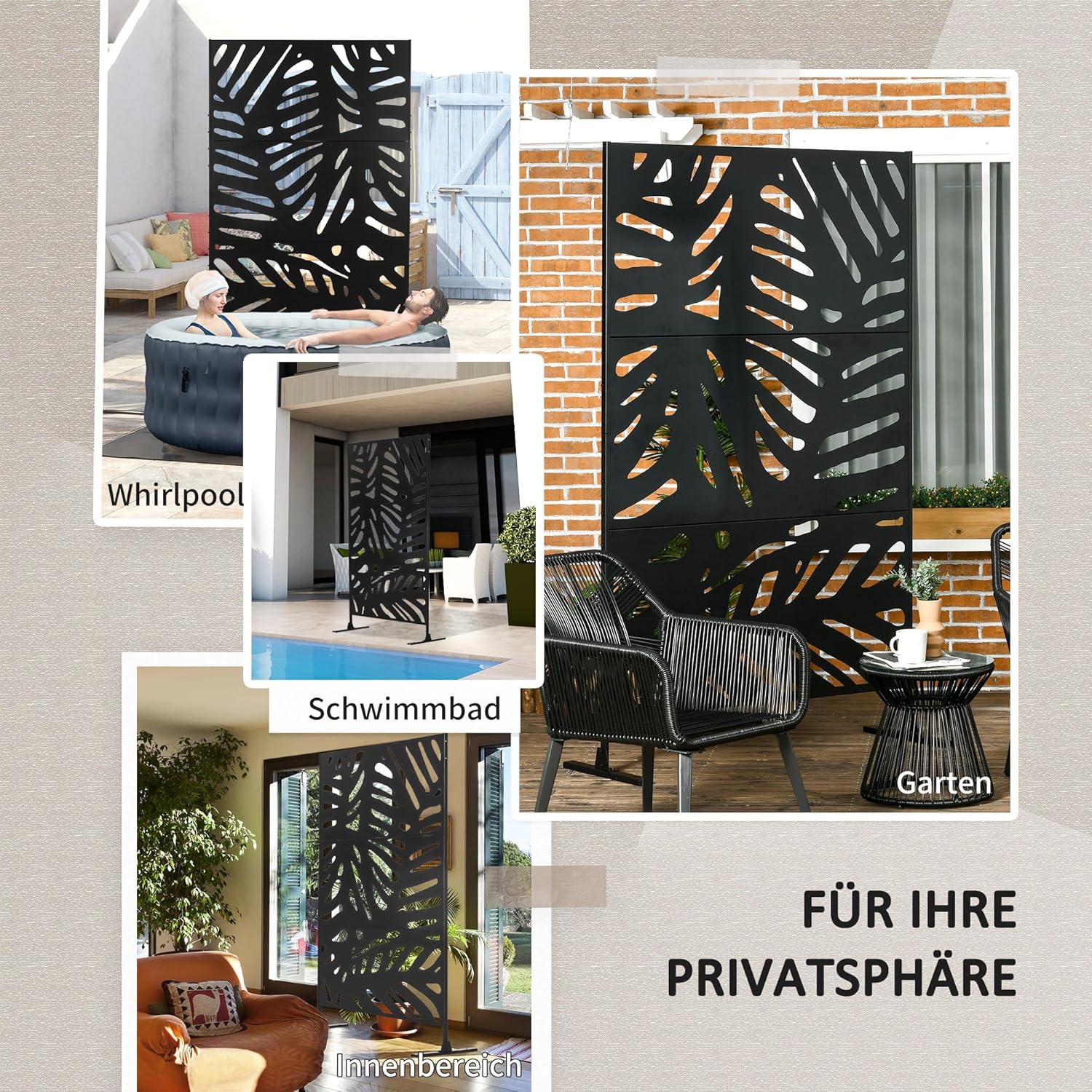 Outsunny Gartensichtschutz 122 x 198 cm Balkon Sichtschutz mit Ständer, Trennwand, Raumteiler mit Blättermuster für Terrasse, Garten, Stahl, Schwarz — Ansicht 5