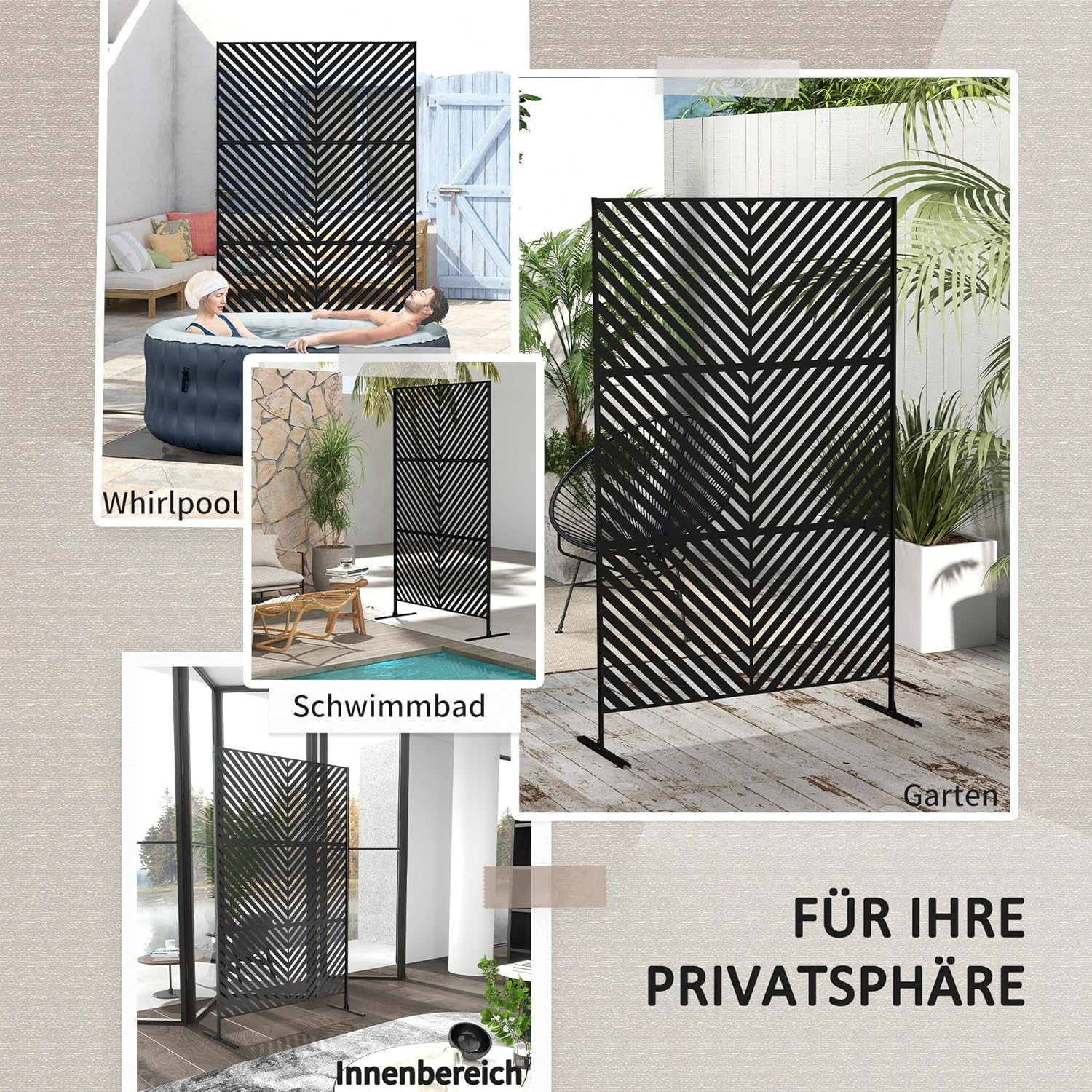 Outsunny Gartensichtschutz mit Ständer, 122 x 198 cm Raumteiler mit Dreieckmuster, Raumtrenner Trennwand für Balkon, Terrasse, Stahl, Schwarz — Ansicht 5