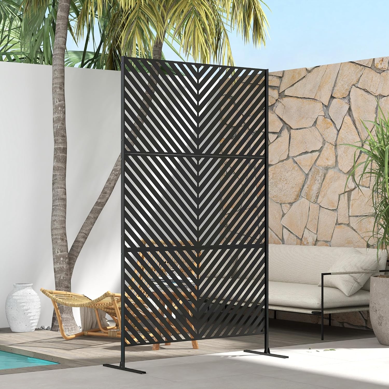 Outsunny Gartensichtschutz mit Ständer, 122 x 198 cm Raumteiler mit Dreieckmuster, Raumtrenner Trennwand für Balkon, Terrasse, Stahl, Schwarz — Ansicht 6
