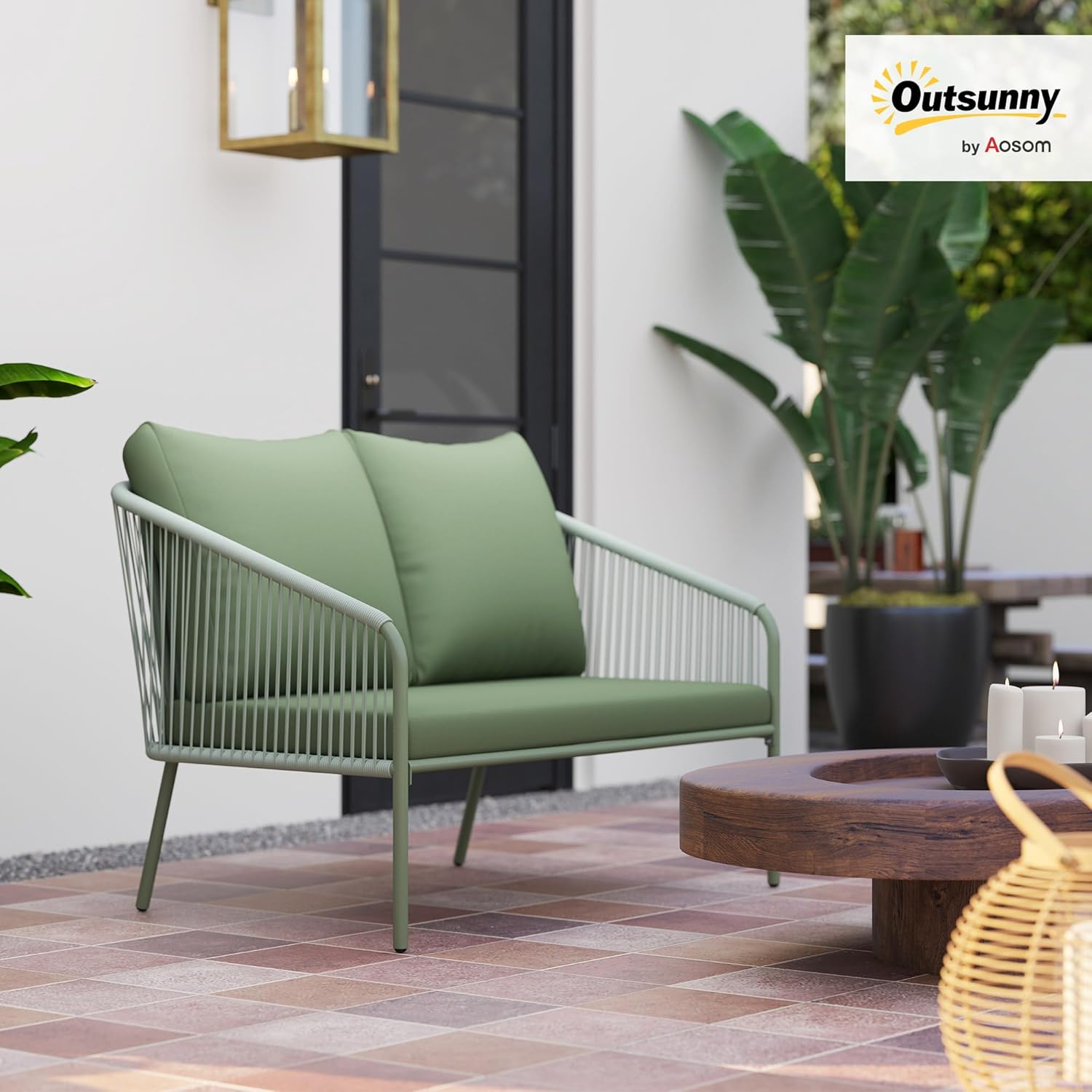 Outsunny Gartensofa 2-Sitzer Rattansofa mit Kissen Loungesofa Sitzgruppe, Wetterfest Couch für Garten Terrasse Balkon, Poly Rattan Grün — Ansicht 2