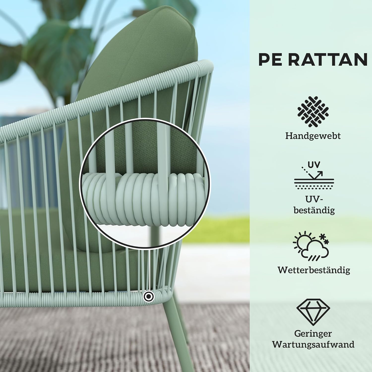 Outsunny Gartensofa 2-Sitzer Rattansofa mit Kissen Loungesofa Sitzgruppe, Wetterfest Couch für Garten Terrasse Balkon, Poly Rattan Grün — Ansicht 5