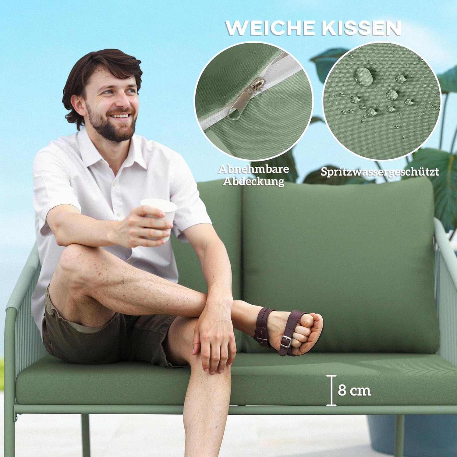 Outsunny Gartensofa 2-Sitzer Rattansofa mit Kissen Loungesofa Sitzgruppe, Wetterfest Couch für Garten Terrasse Balkon, Poly Rattan Grün — Ansicht 6