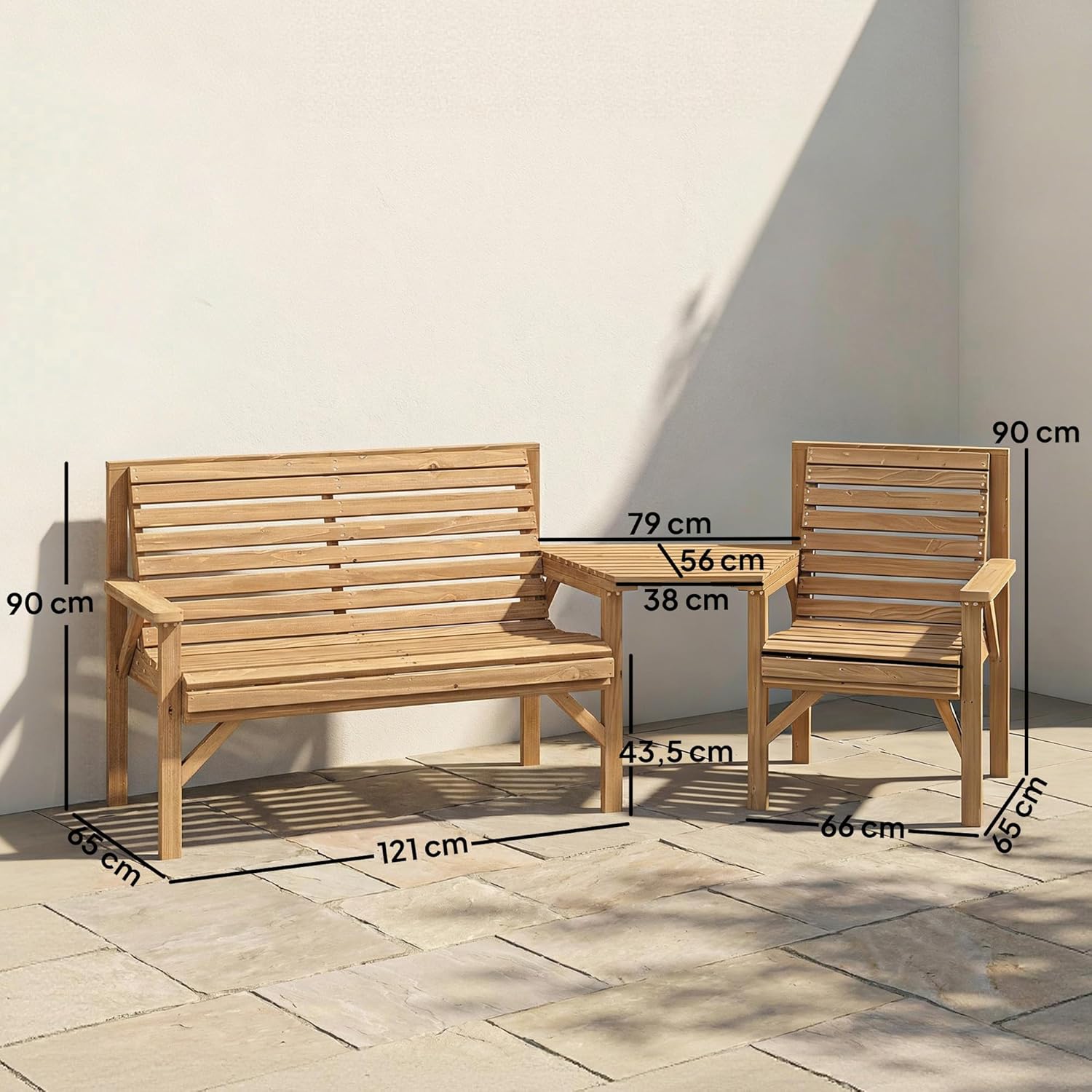 Outsunny Gartenstühle 3er-Set, Balkonmöbel Set mit Sonnenschirmloch, Gartenstuhl, Bank, abnehmbarem Tisch, Terrassenstühle Sitzgruppe für Balkon, Terrasse, Garten, Naturholz, 121 x 65 x 90 cm — Ansicht 3