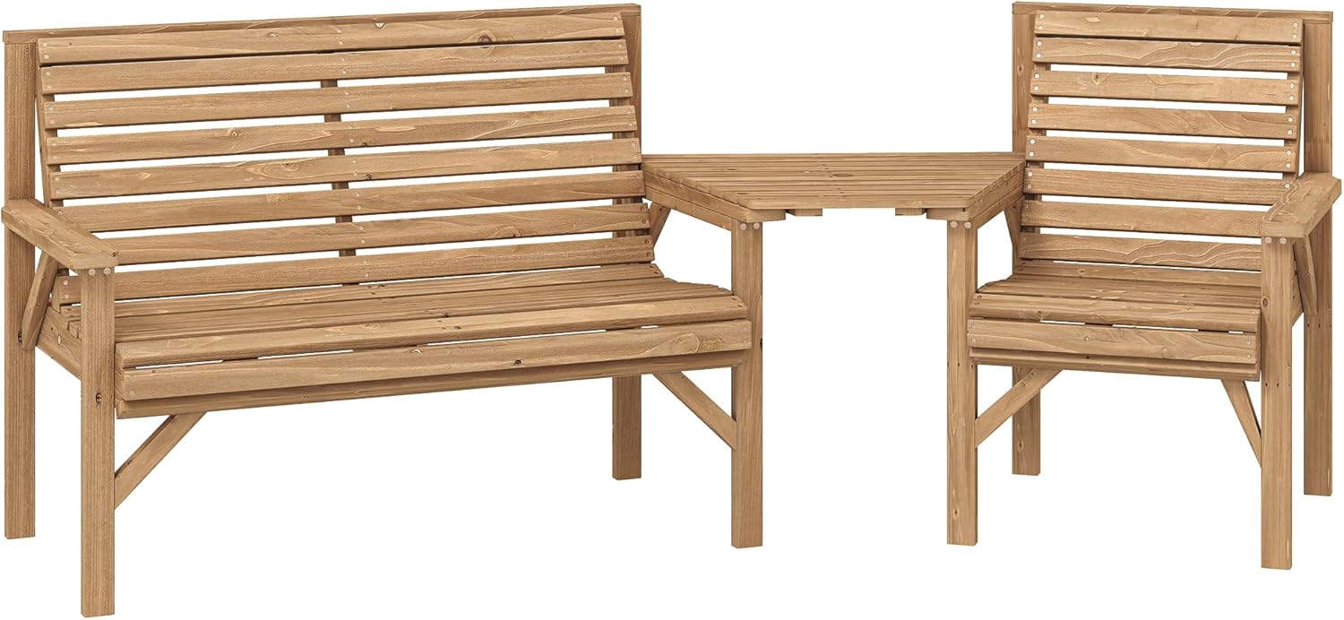 Outsunny Gartenstühle 3er-Set, Balkonmöbel Set mit Sonnenschirmloch, Gartenstuhl, Bank, abnehmbarem Tisch, Terrassenstühle Sitzgruppe für Balkon, Terrasse, Garten, Naturholz, 121 x 65 x 90 cm