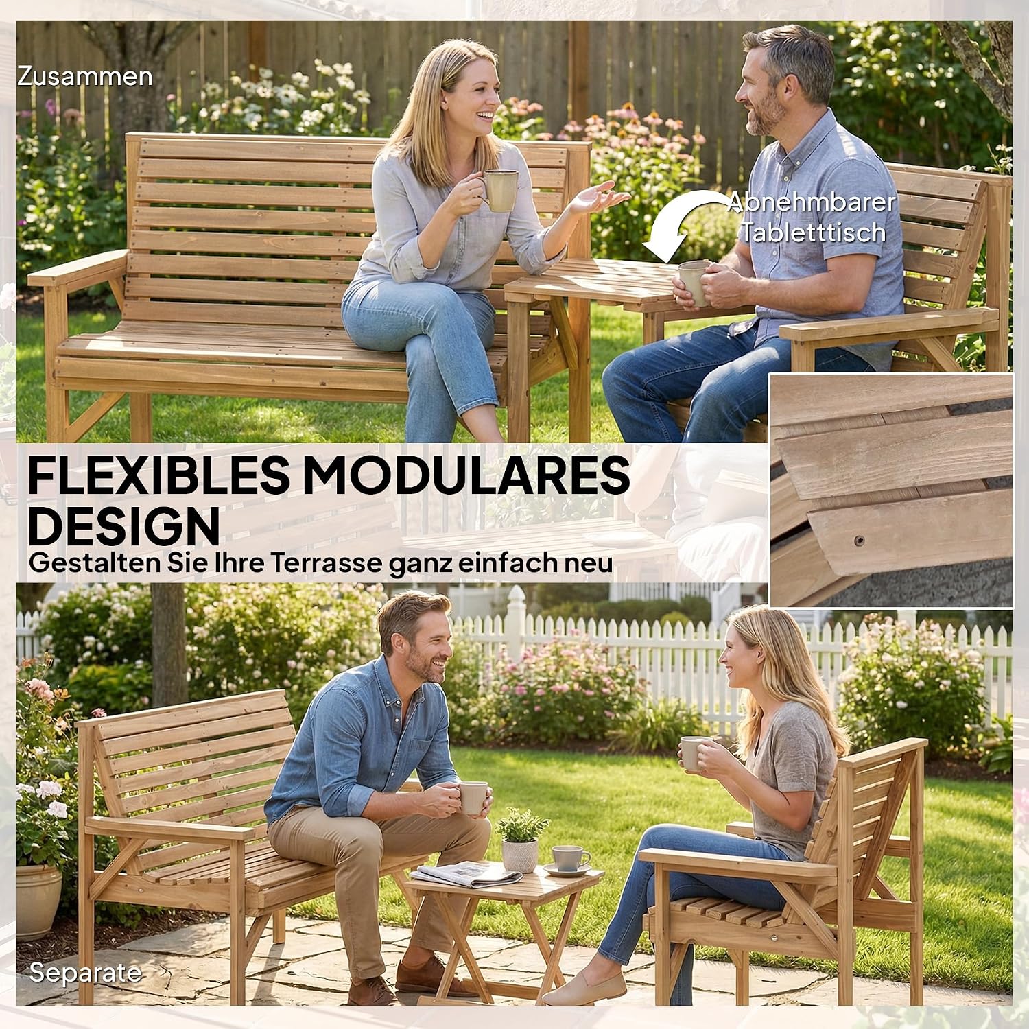 Outsunny Gartenstühle 3er-Set, Balkonmöbel Set mit Sonnenschirmloch, Gartenstuhl, Bank, abnehmbarem Tisch, Terrassenstühle Sitzgruppe für Balkon, Terrasse, Garten, Naturholz, 121 x 65 x 90 cm — Ansicht 4