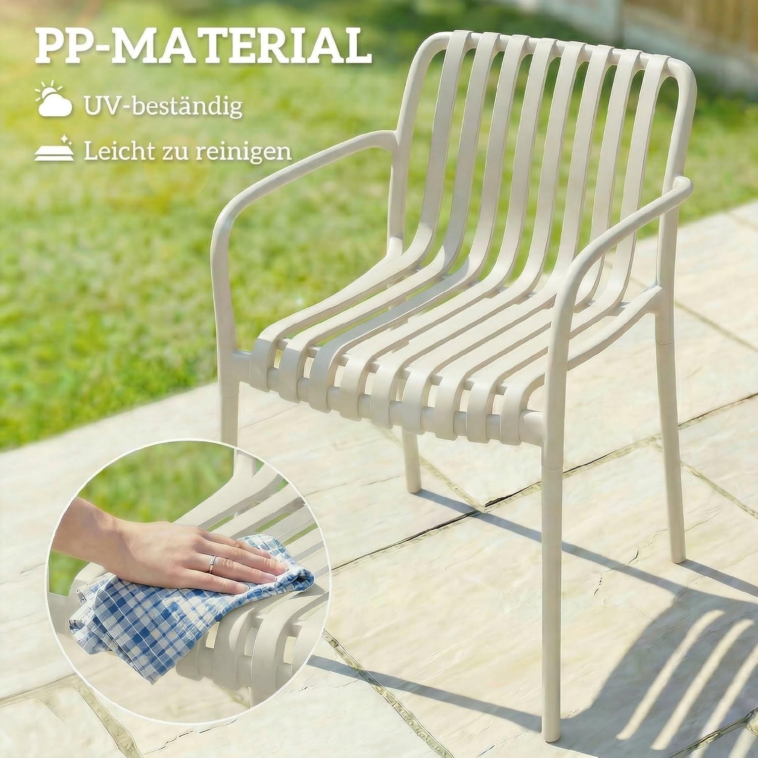 Outsunny Gartenstühle 4er Set Stapelbare Terrassenstühle mit Lamelldesign Armlehnen, Ergonomisch Balkonstühle bis 120 kg Stapelstühle für Garten, Balkon, Terrasse 55 x 58,5 x 81,5 cm Cremeweiß — Ansicht 6