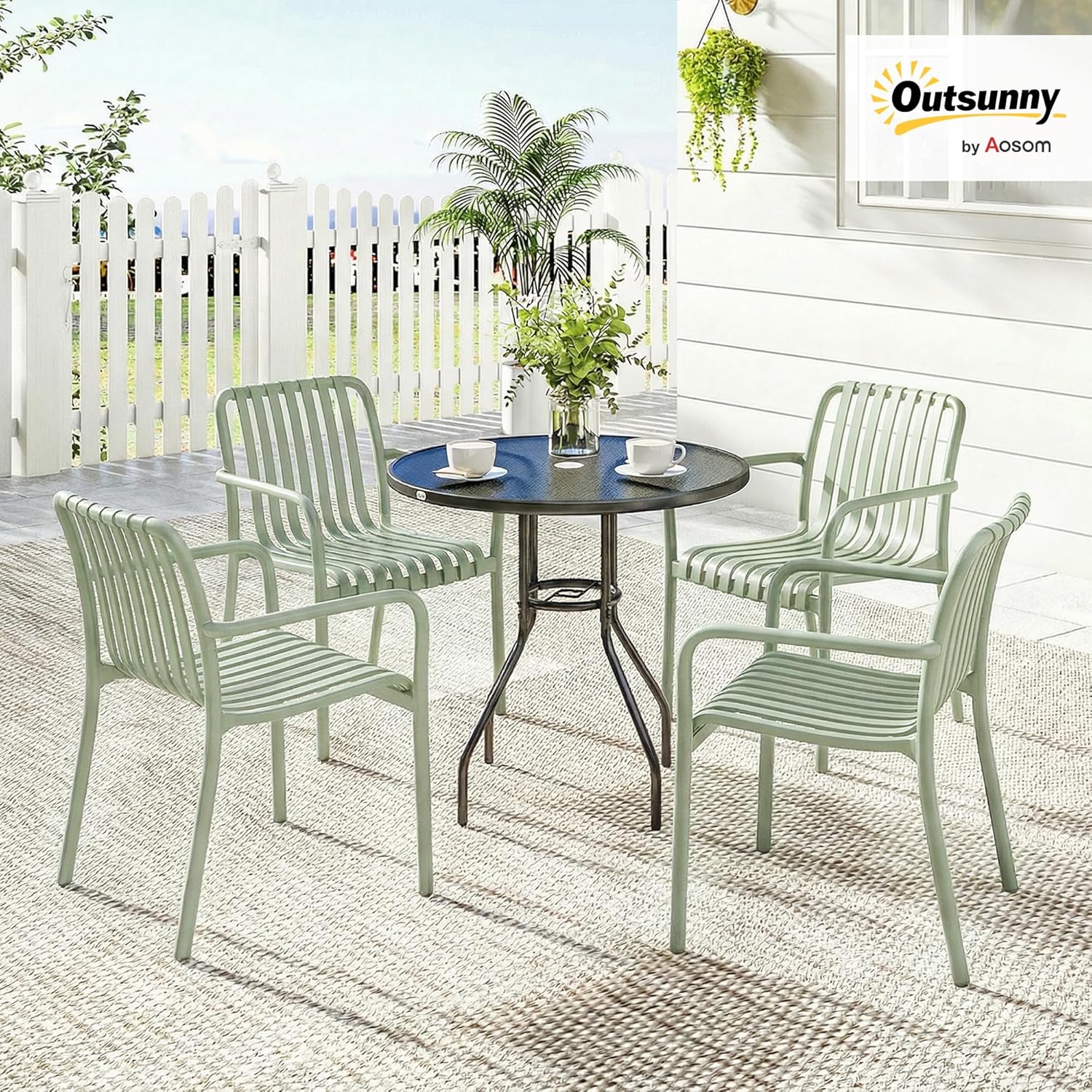 Outsunny Gartenstühle, stapelbar, aus Polypropylen, UV-Schutz, Terrassenstuhl mit Armlehnen und ergonomischer Lattenlehne, für den Außenbereich, Grau / Grün, 4 Stück — Ansicht 2